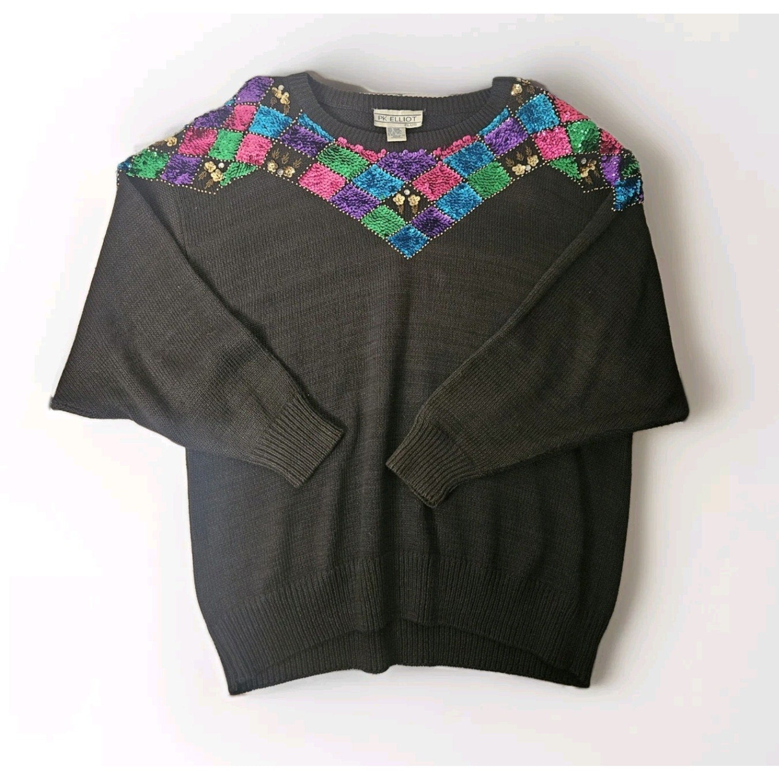 Vintage PK Elliot Plus Sweater 2X Black Sequins Pullover Casual Knit Grannycore