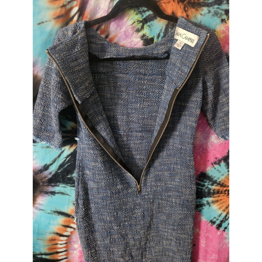 Rare Vintage Sara Campbell Women's Blue & White Boro Style Textured Dress XS