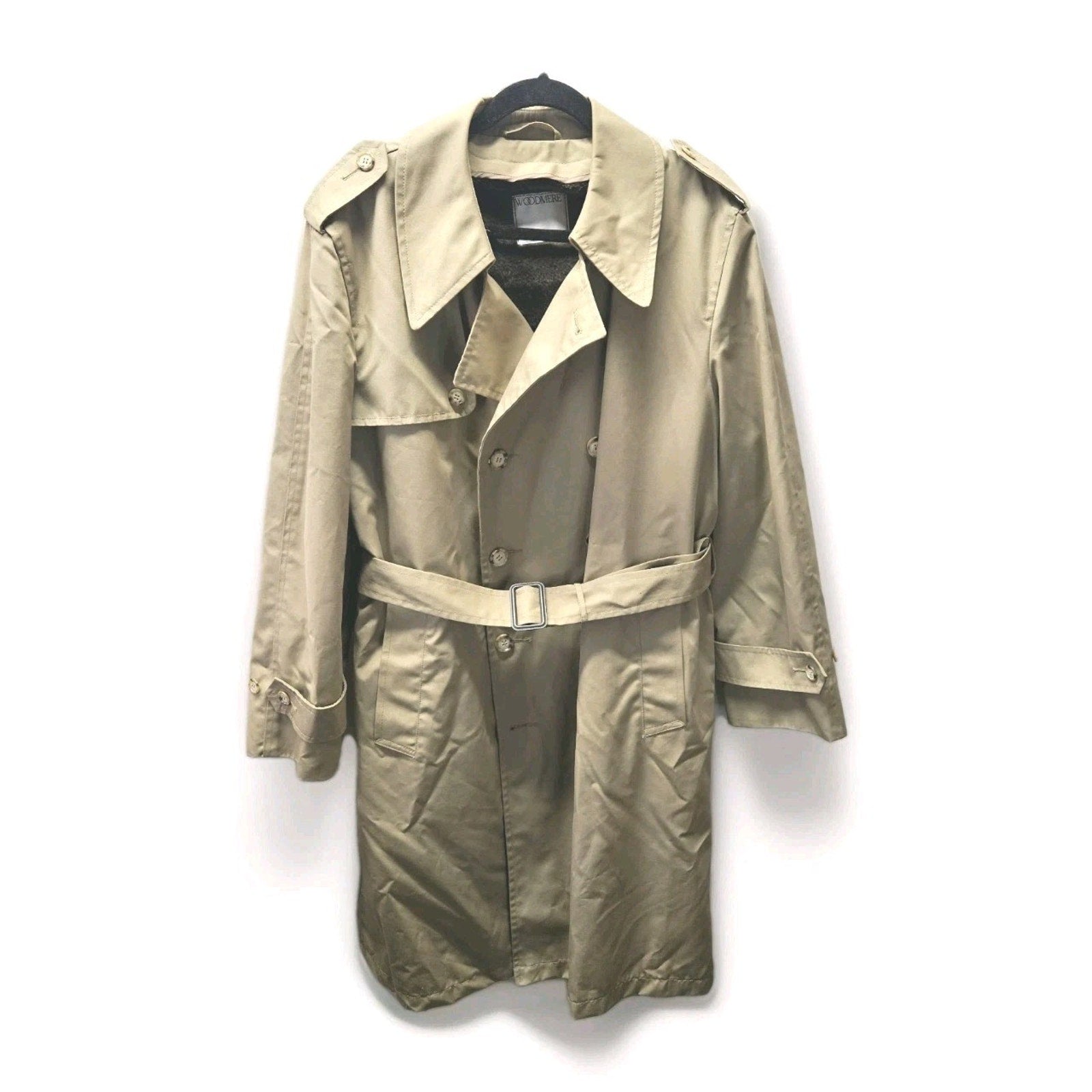 Vtg Woodmere Men Size 44 Beige Long Sleeve Removable Lined Belted Trench Coat