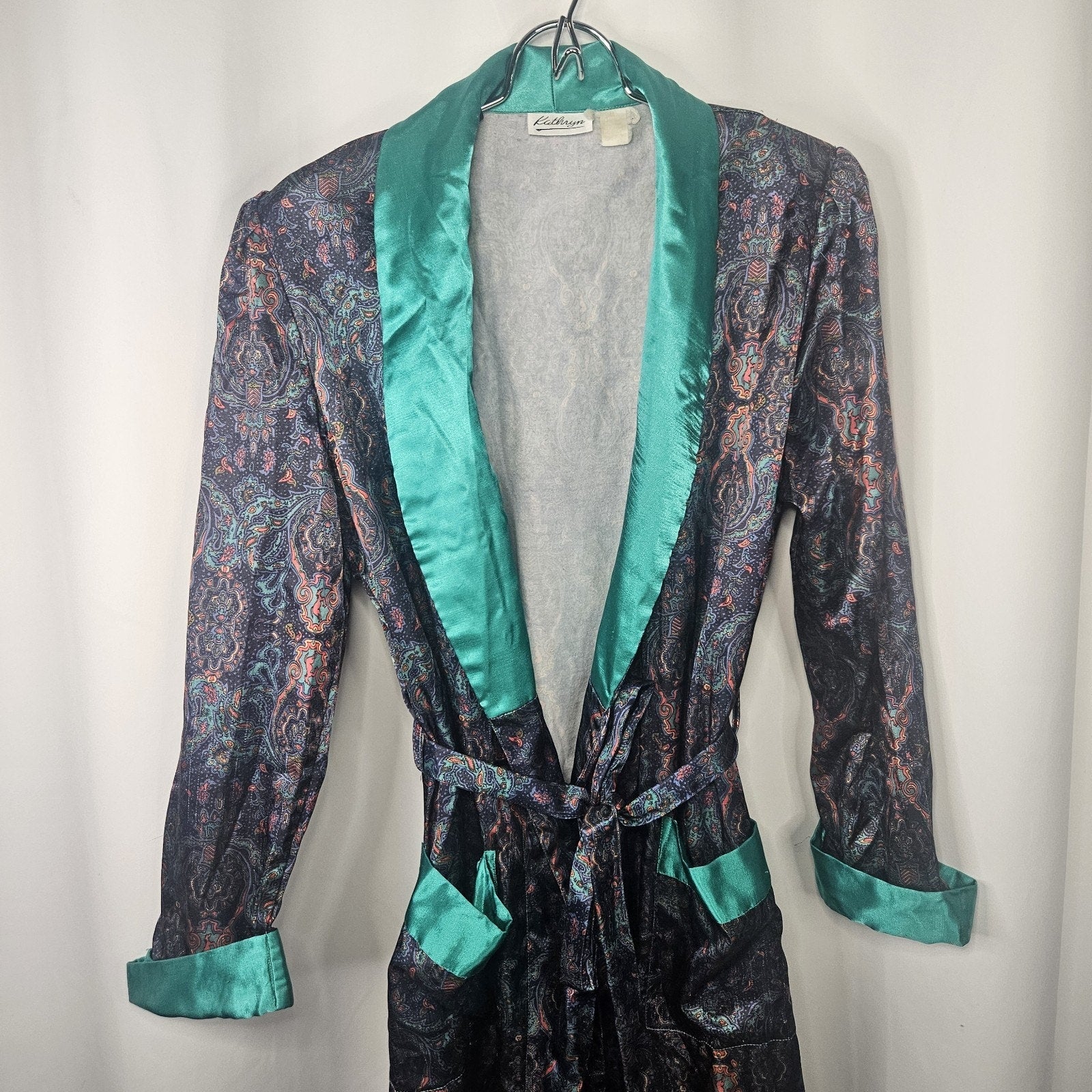 90's Vtg Kathryn Floral Bath Robe Cotton Backed Satin Pockets Women's Medium