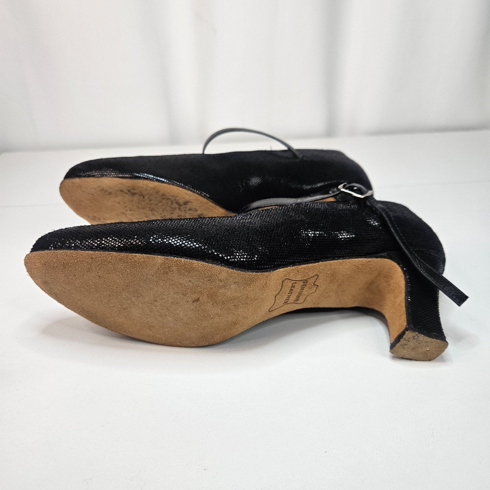 Vintage 90s Black Leather Glitter Mary Jane Round Toe Formal Dress Shoe 10.5 W