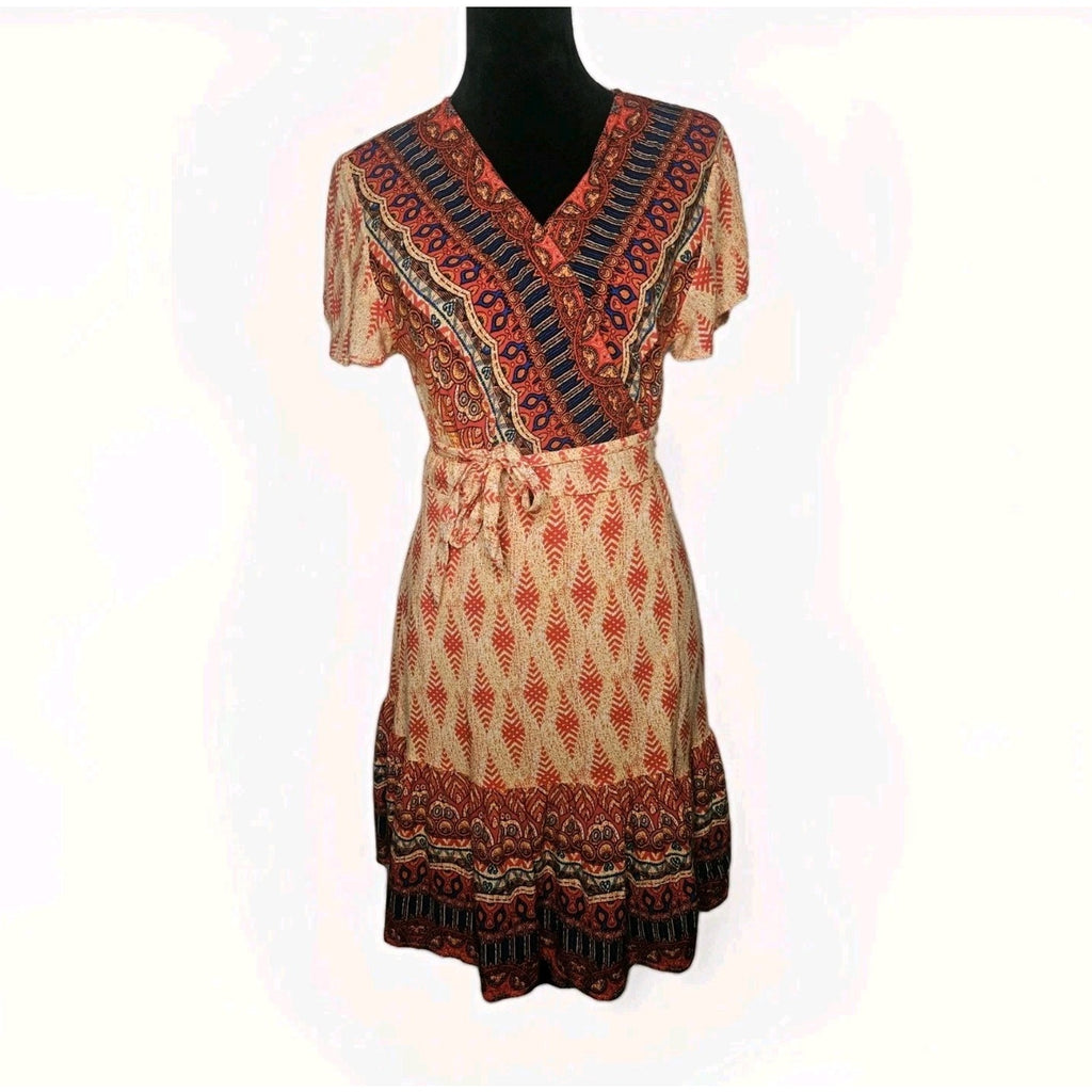 Wrap V Neck Bohemian Floral Print Ruffle Swing A Line Beach Mini Dress Large