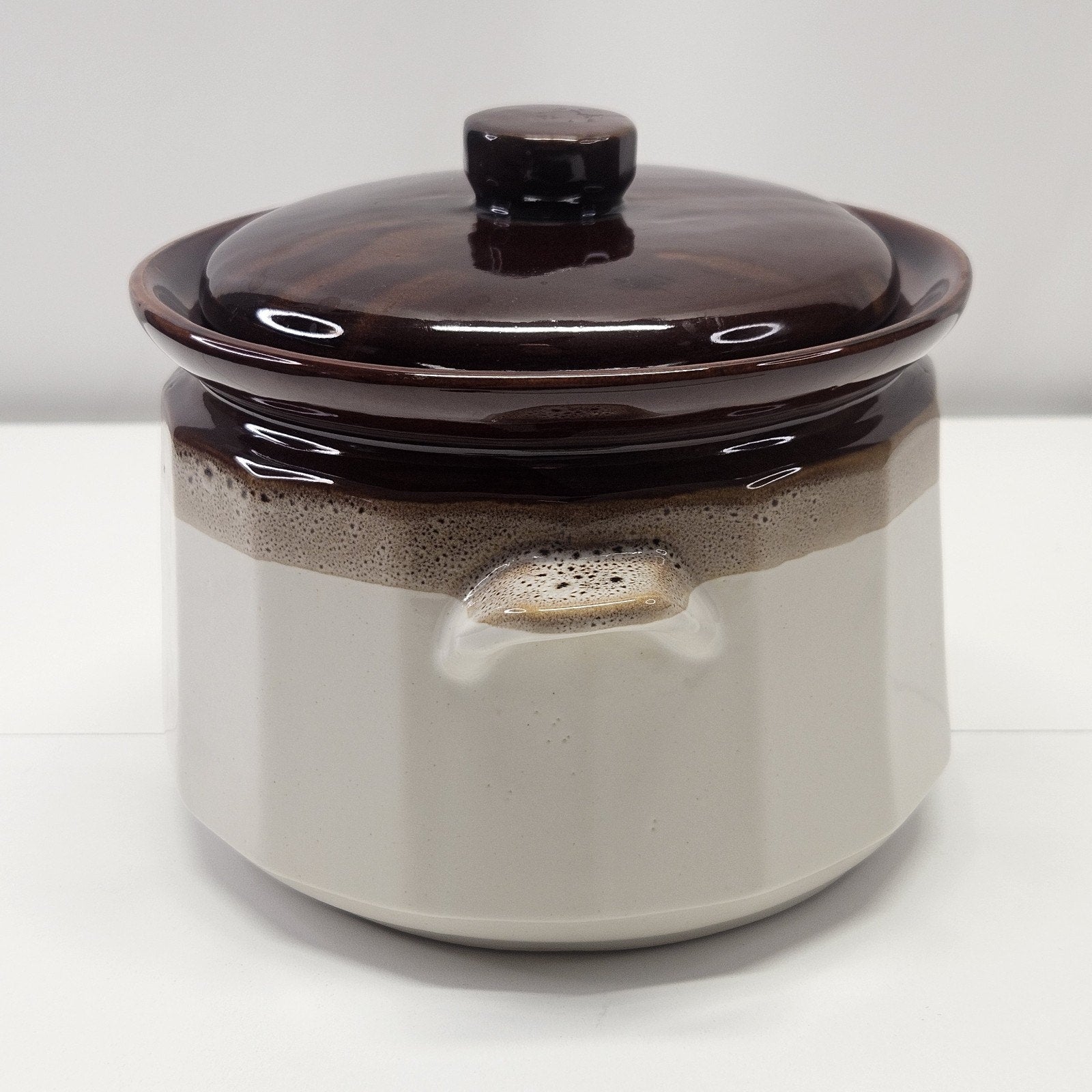 Vintage Stoneware Pottery Crock Pot Two-tone Brown Tan Glaze MCM Rustic