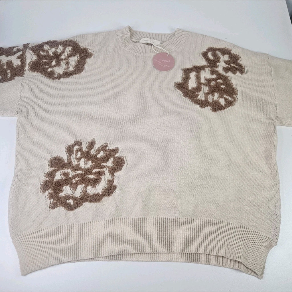 NWT Intarsia Floral Knitted Oversized Sweater Large Cream Brown Flowers