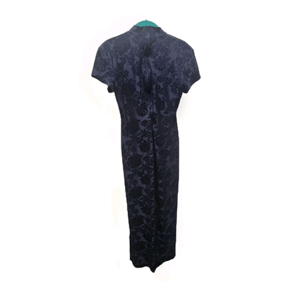 Vtg 90s Blondie & Me Navy High Neck Short-Sleeved Maxi Dress Gothic Floral Small