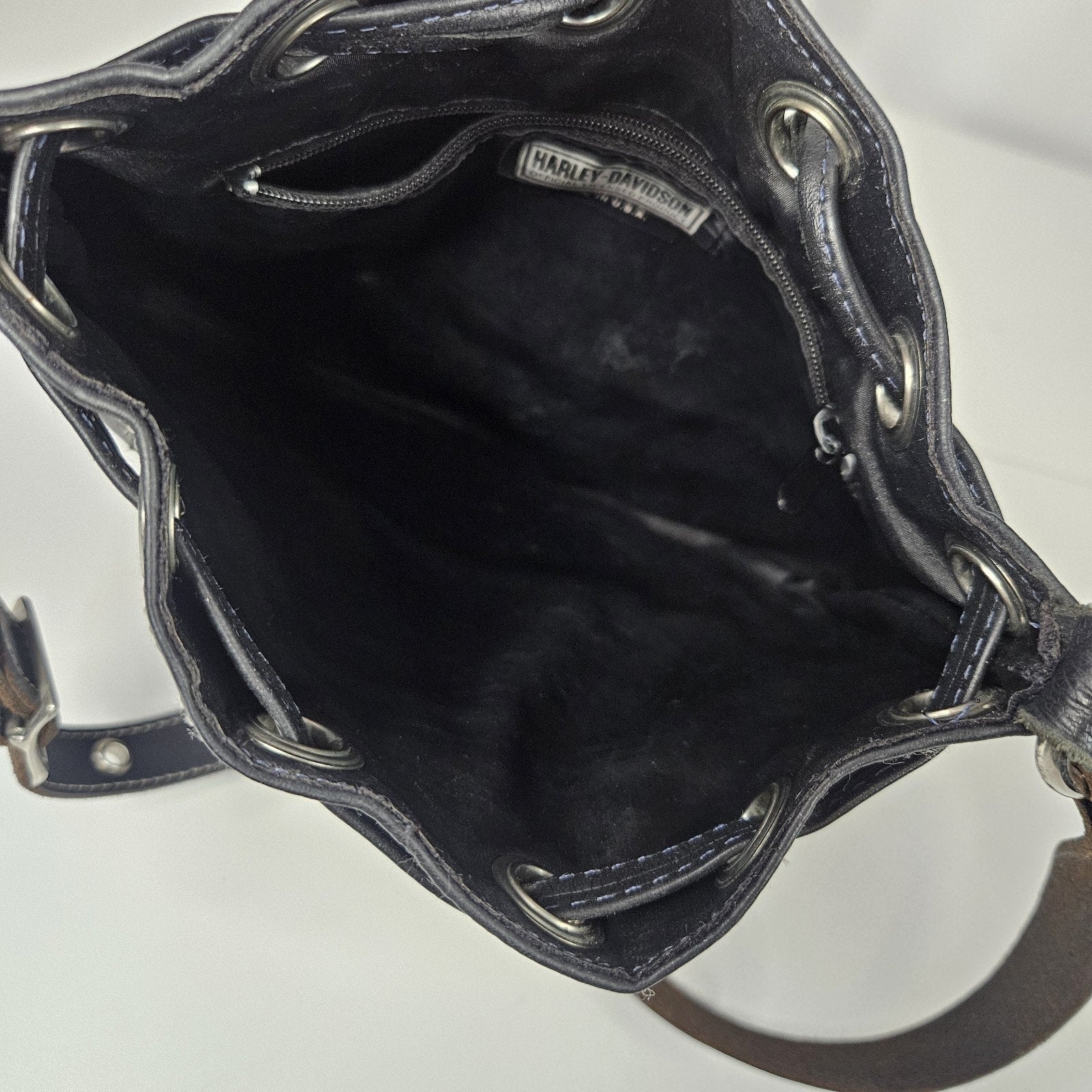 Y2K Women's Black Leather Drawstring Harley-Davidson Purse Rhinestones Studs