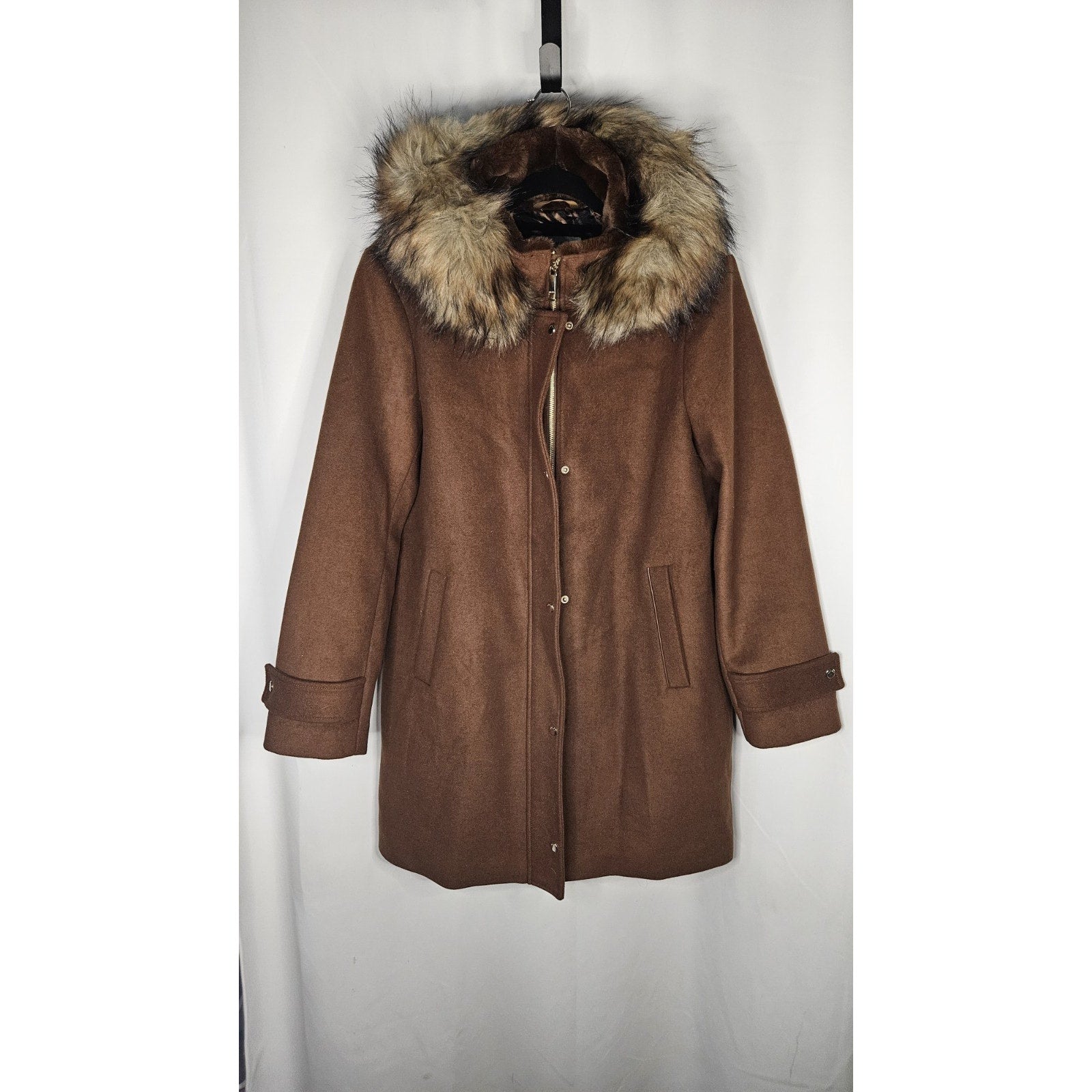 Nine West Hooded Faux Fur Trim Wool Blend Peacoat Size XL Brown Long Jacket