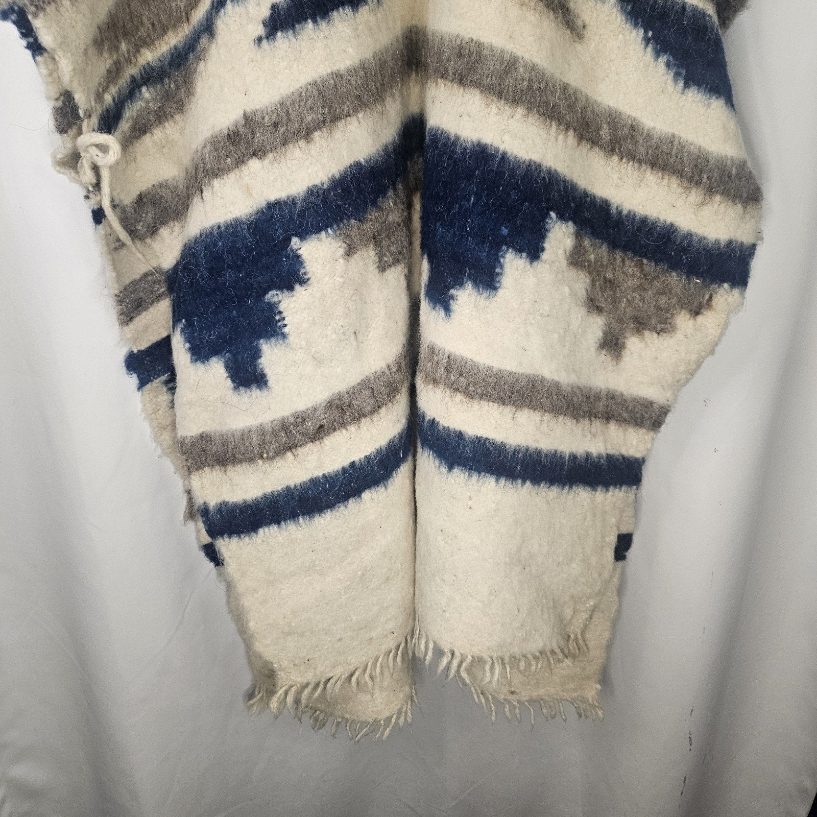 100% Wool Poncho Hooded in Beige Brown Blue Soft Southwestern Aztec Boho Comfort