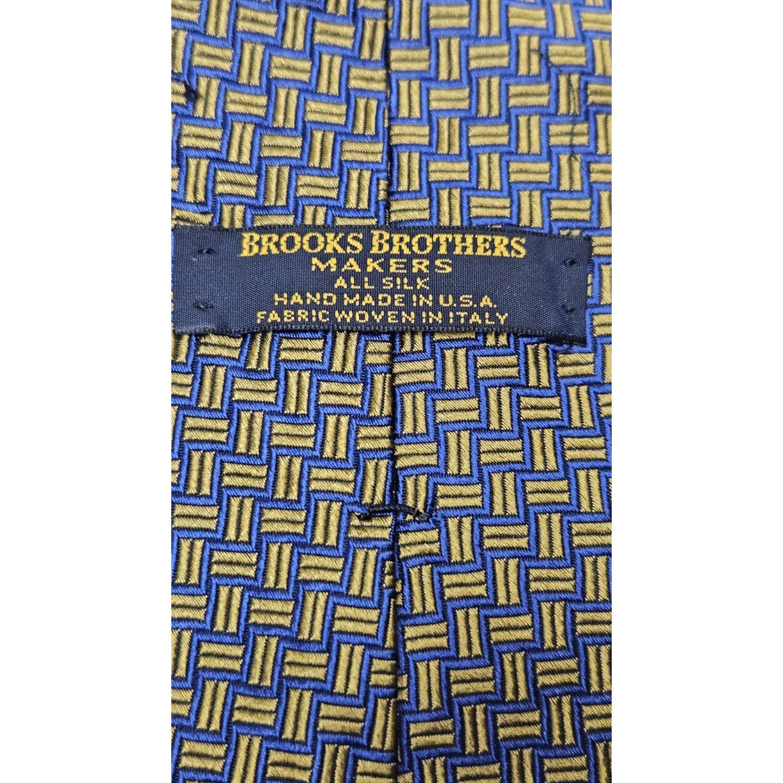 Brooks Brothers Makers USA + English Silk Navy Blue w/Yellow Jacquard Tie