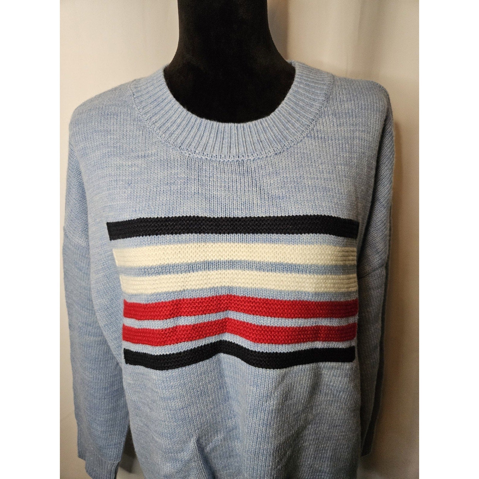 Tommy Hilfiger Knit Sweater Classic Flag Light Blue Oversized Medium USA