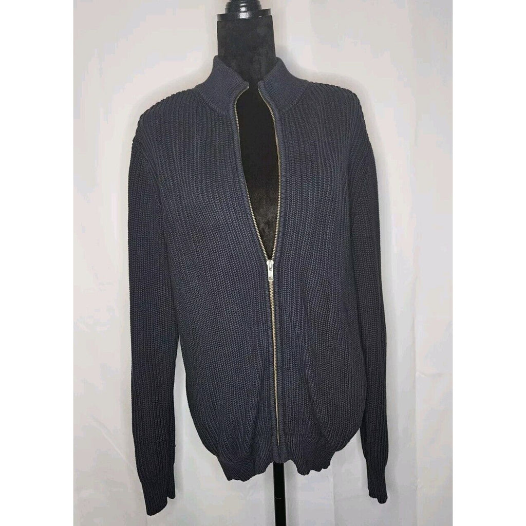 LL Bean Cotton Full Zip Cardigan Men Large Blue Chunky Ribbed Knit Sweater Vtg