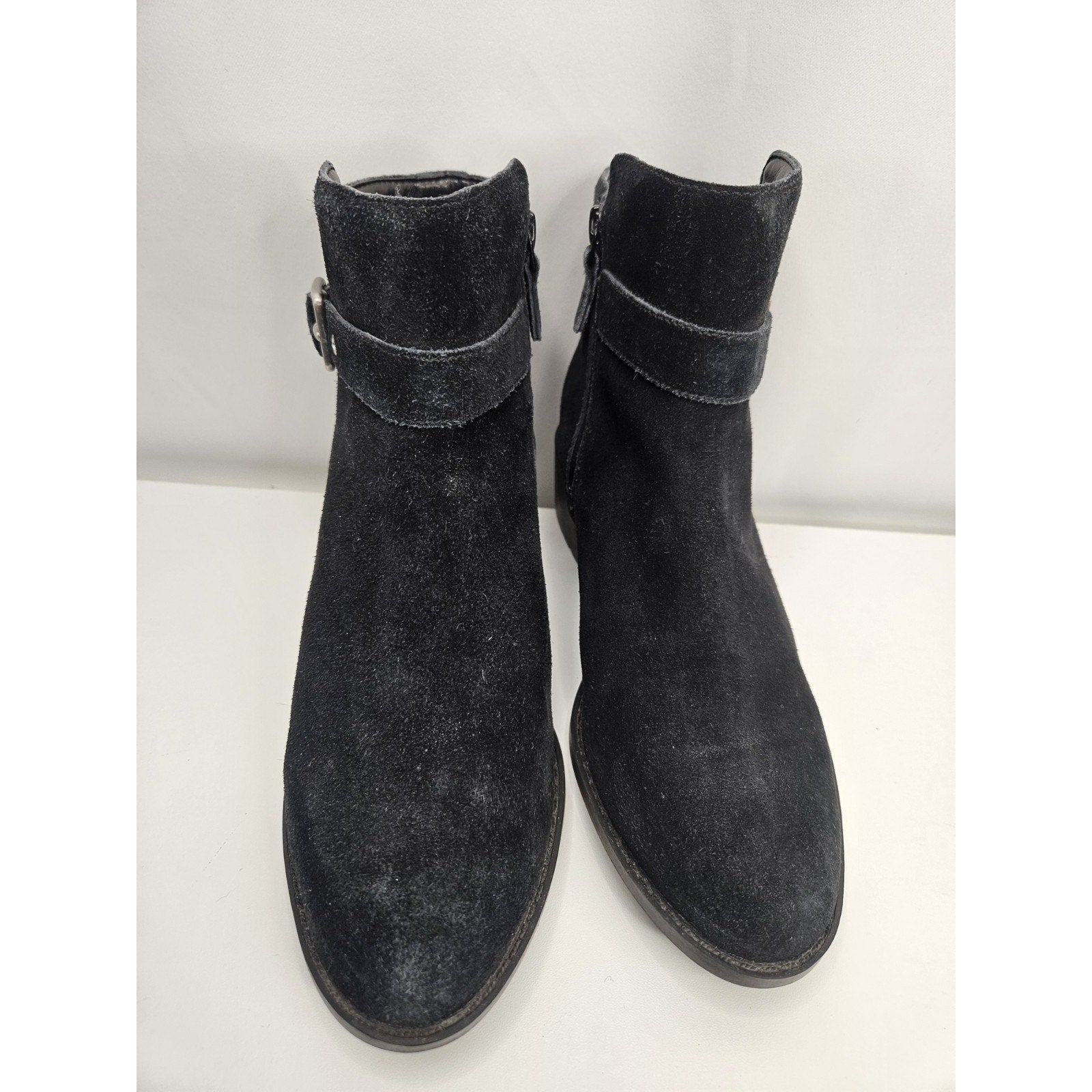 Cole Haan Suede Chelsea Ankle Boots 7.5 B Black Brushed Silver Tone Side Buckle