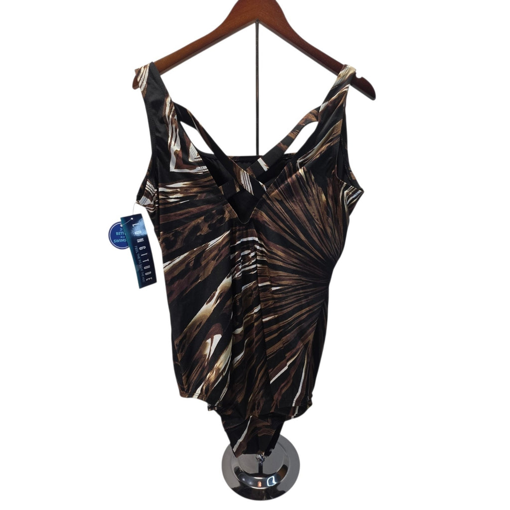 NEW Longitude 24W Brown Black Abstract Retro One Piece Swimsuit Plus V-neck