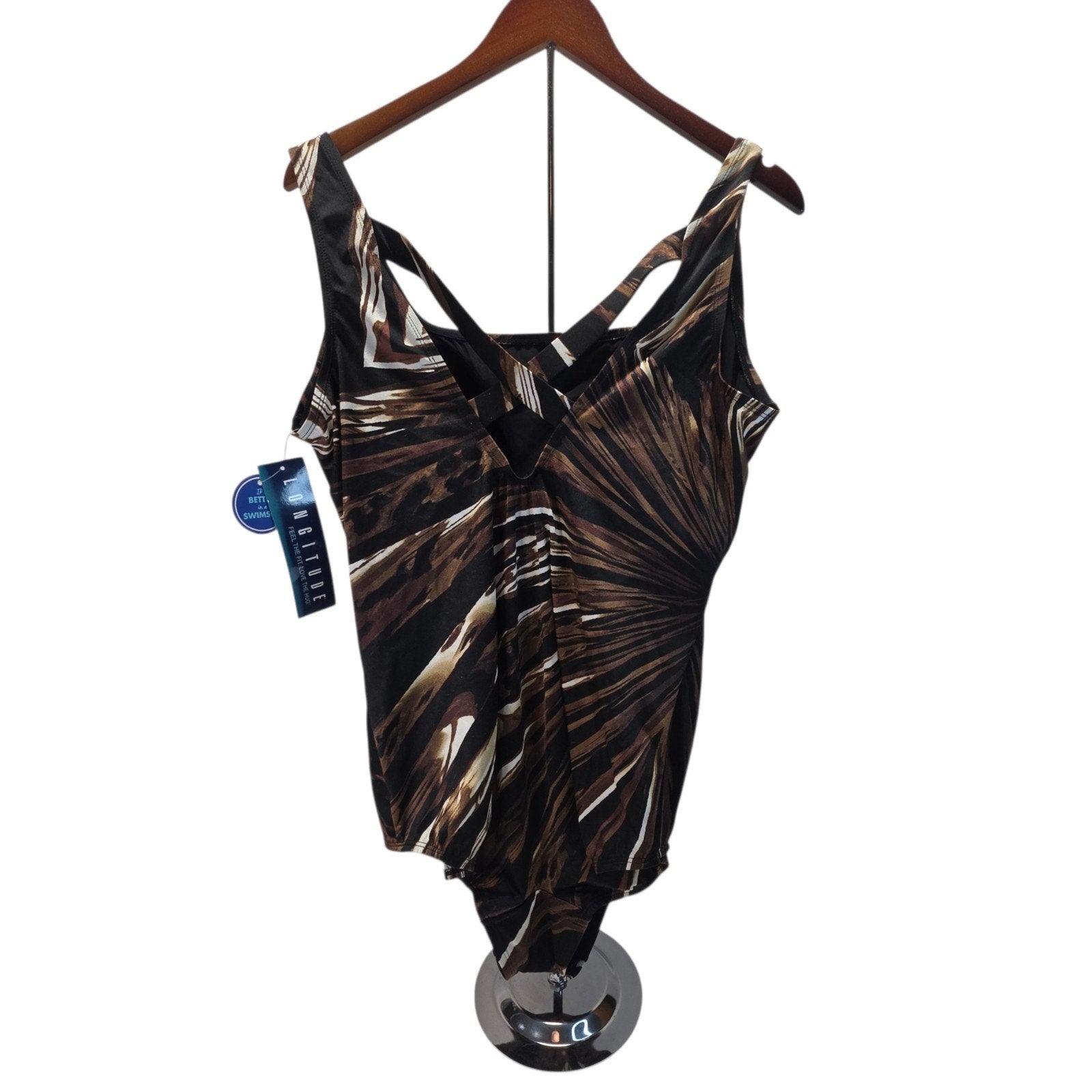 NEW Longitude 24W Brown Black Abstract Retro One Piece Swimsuit Plus V-neck