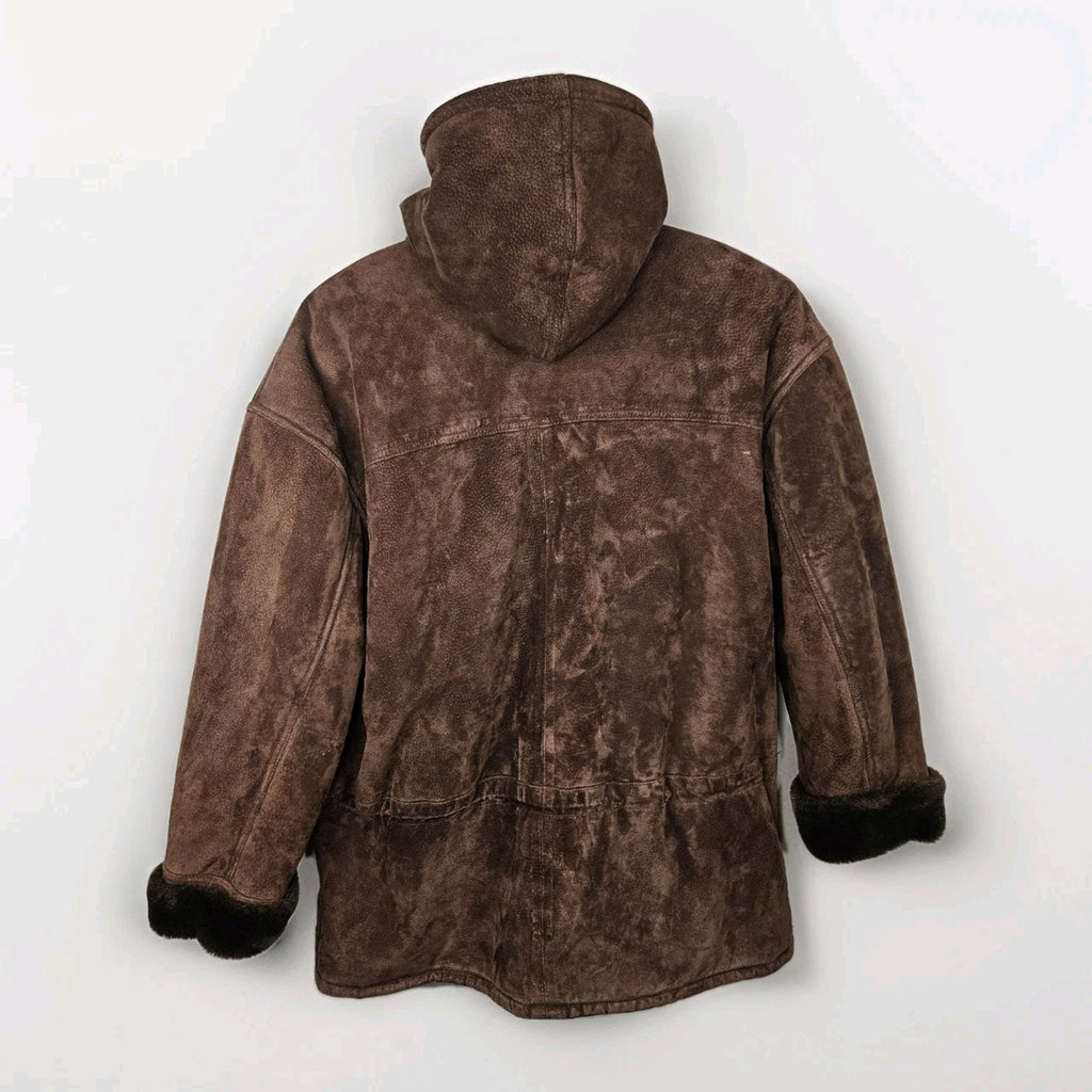 Vintage Synergy Oversized Leather Faux Shearling Coat Large Chocolate Brown