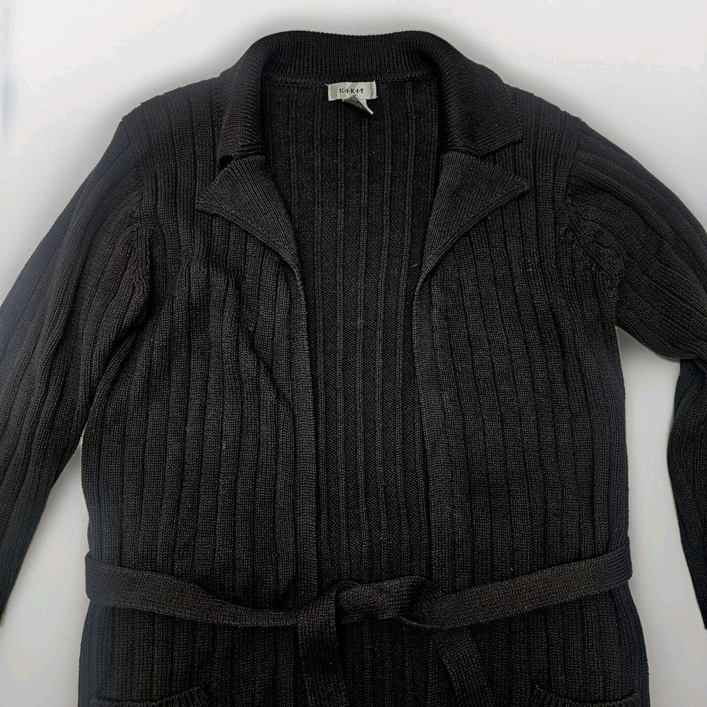 Kikit Ribbed Cotton Knit Long Cardigan Sweater Black Medium Classic Duster