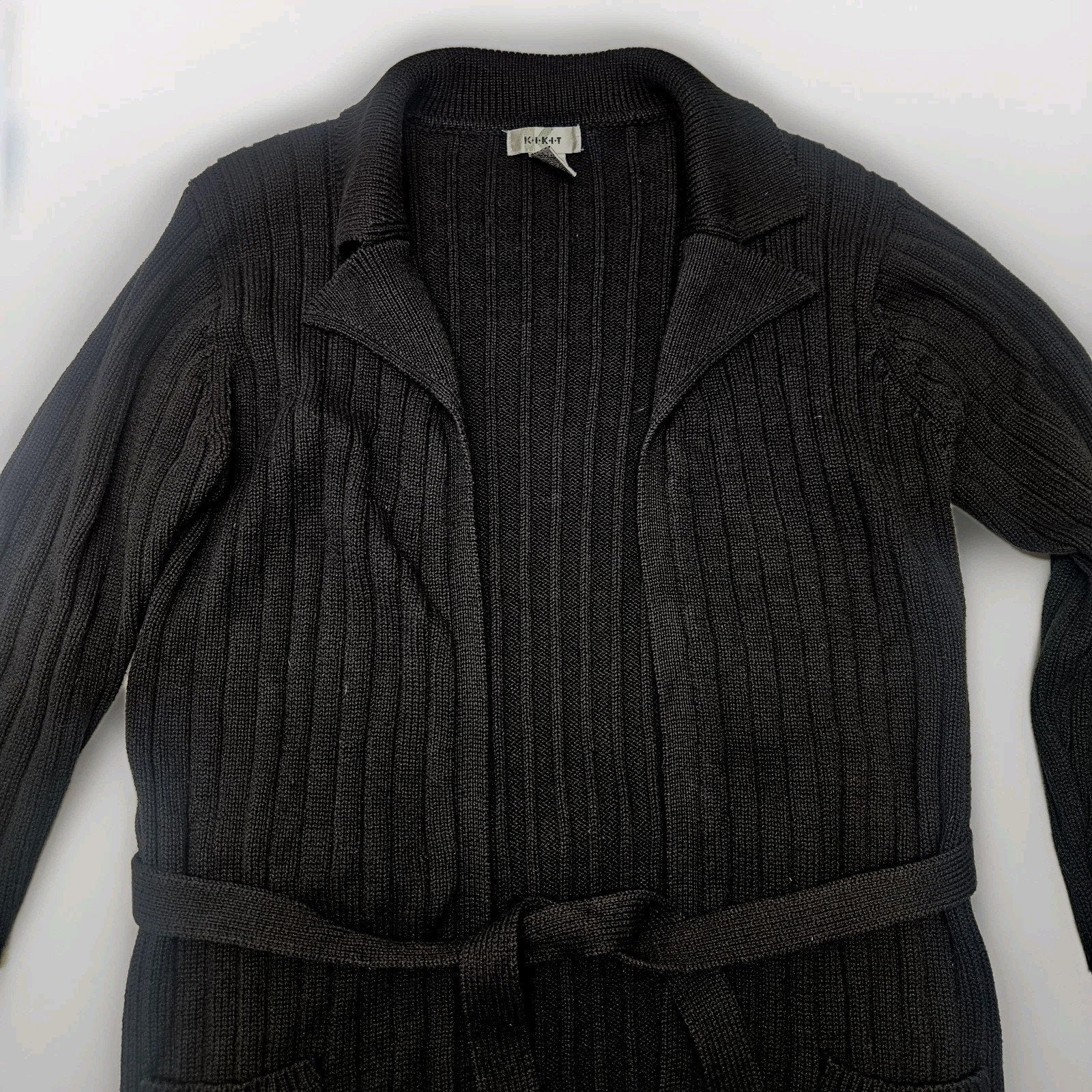 Kikit Ribbed Cotton Knit Long Cardigan Sweater Black Medium Classic Duster