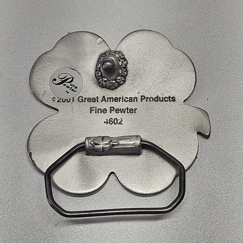 Y2K Vtg Pewter Belt Buckle Green Shamrock Great American Products 4002 2.5x2.5"