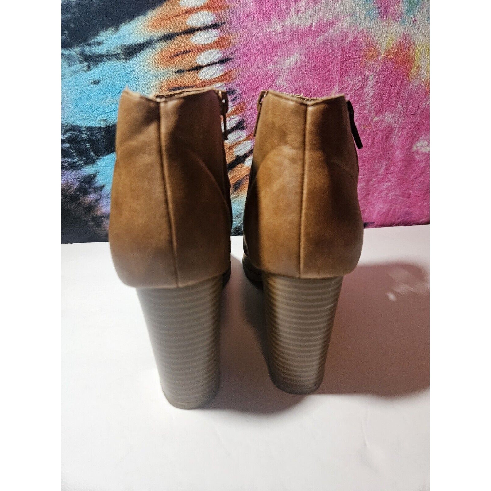 Report Peep Toe Heeled Booties Brown Faux Leather Heels Sandals Size 9 Elise