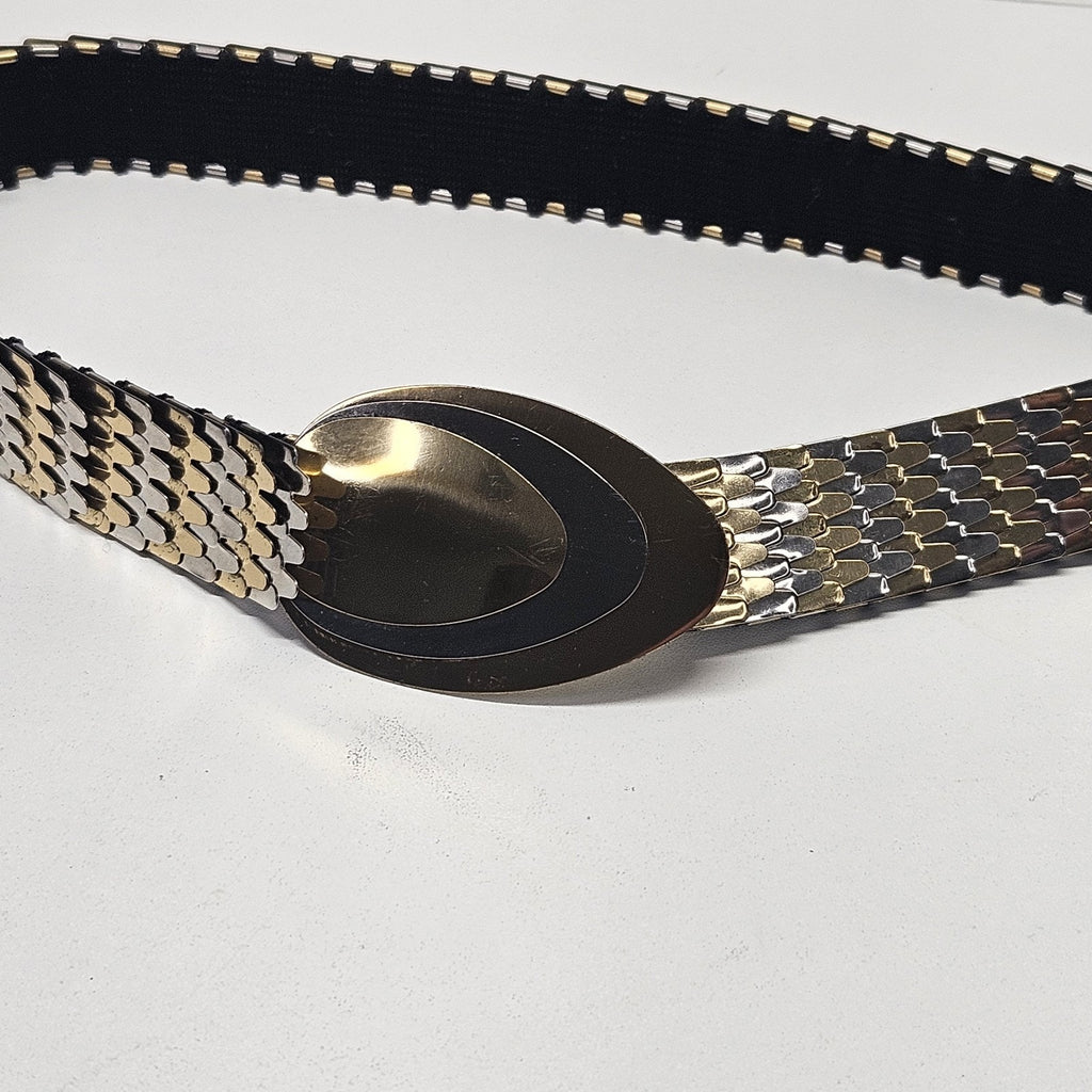 Vintage 1" Metallic Snake Scale Silver Gold Tone Waist Belt Womens Small
