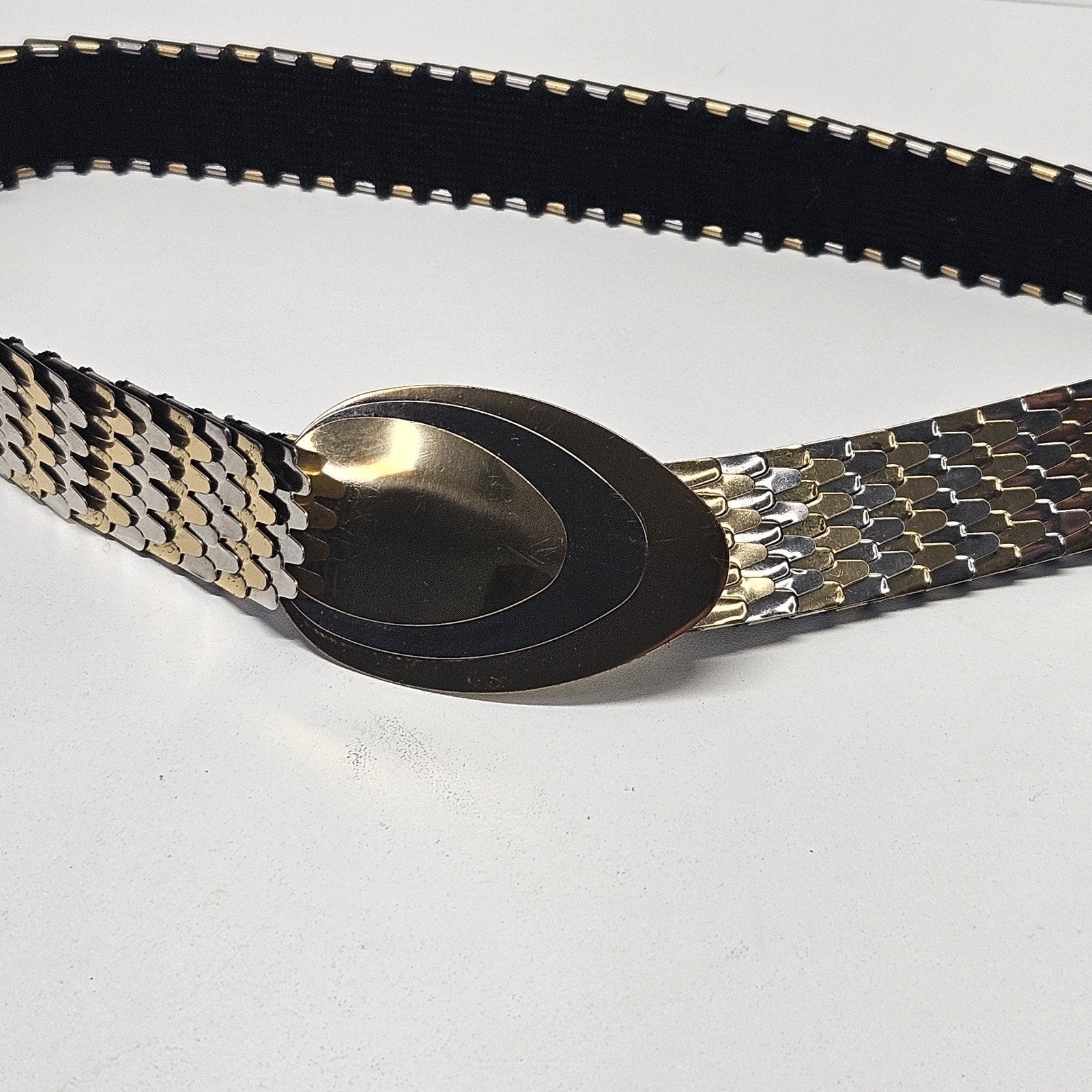Vintage 1" Metallic Snake Scale Silver Gold Tone Waist Belt Womens Small