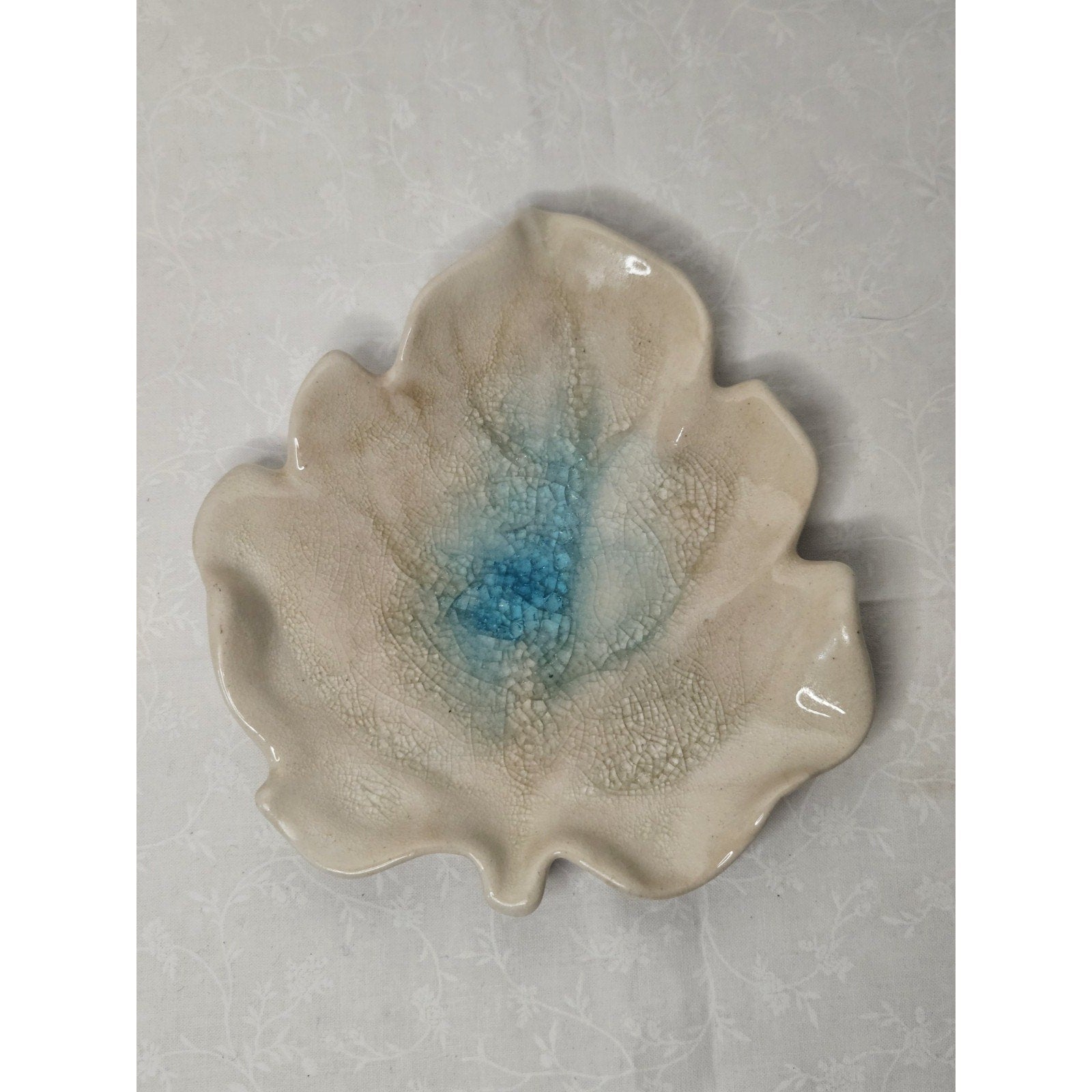Handmade Ceramic Geode Pottery Trinket Dish Crackled Leaf 7" Dish