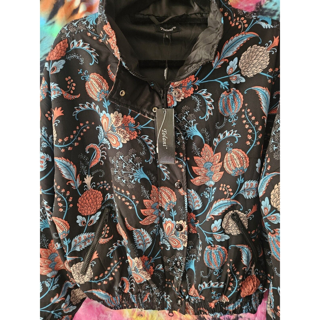 NWT Tolani Jacket Black Paisley Lightweight Coat Dbl Zip & Button Size Large