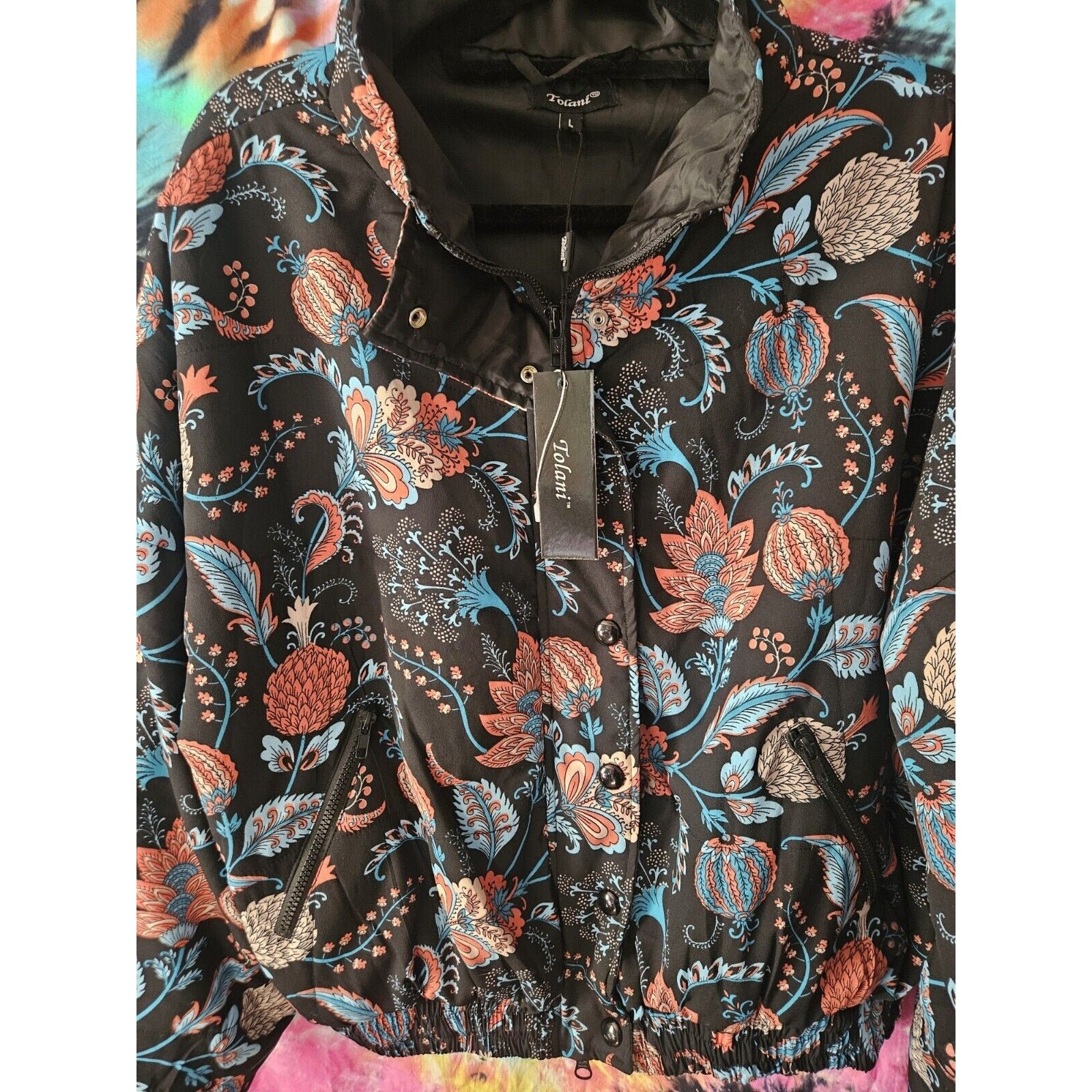 NWT Tolani Jacket Black Paisley Lightweight Coat Dbl Zip & Button Size Large