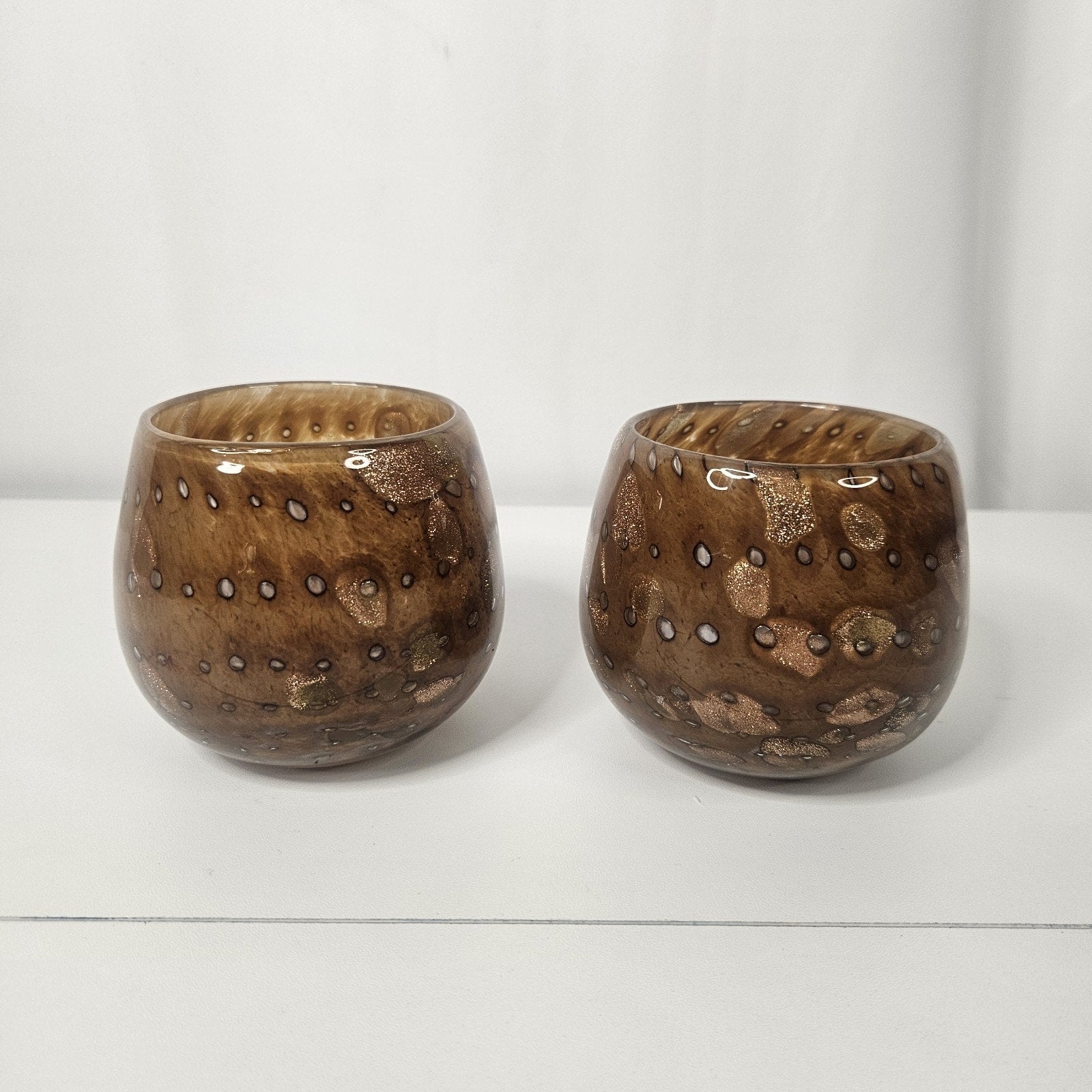 Handblown Artisanal Votive Holder Set Amber Copper Gold Shimmer 3.5x3"