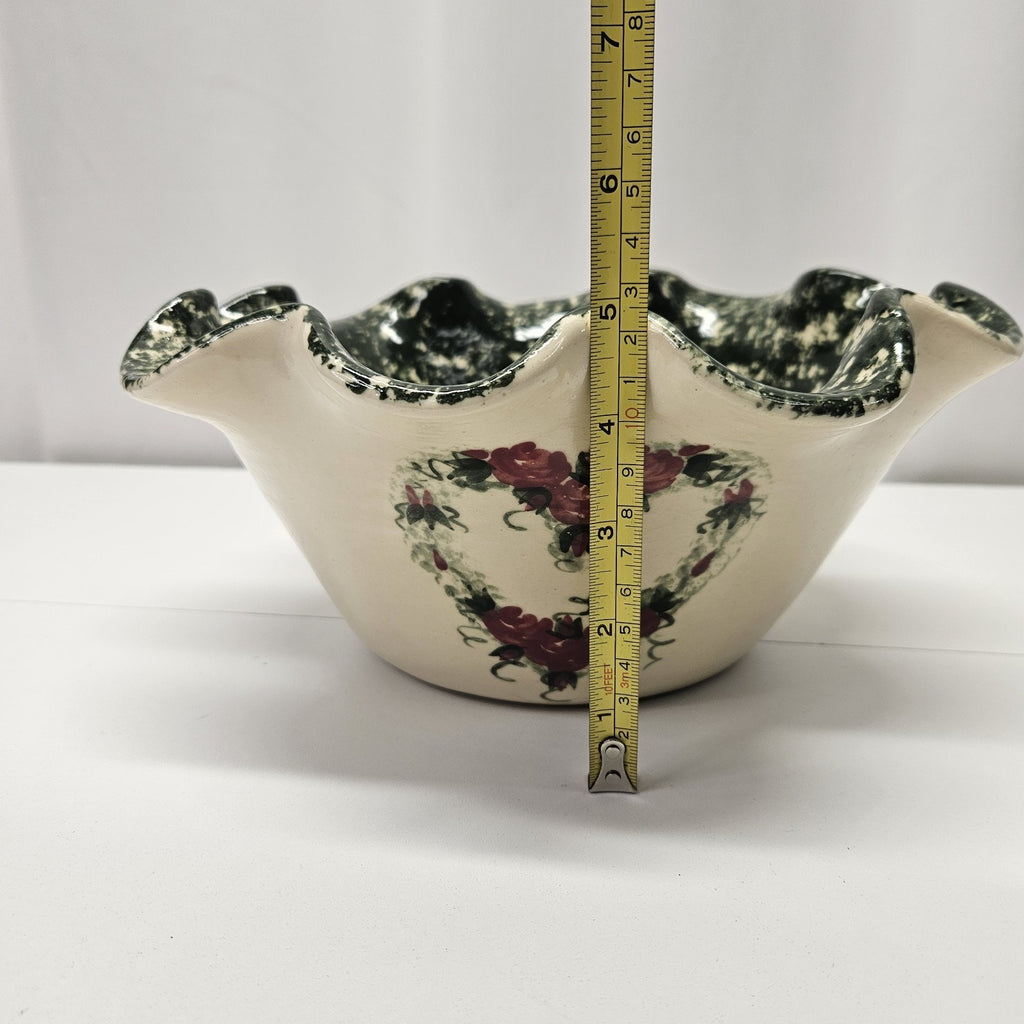 Vtg East Texas Pottery Heart Floral Green Sponge Stoneware Cottage Serving Bowl