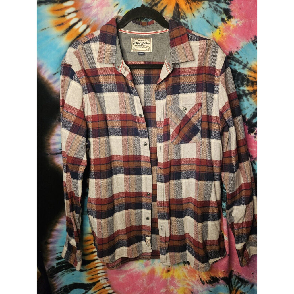 Flag & Anthem 100% Cotton Flannel Button Up Shirt L Blue Red Tan Long Sleeve