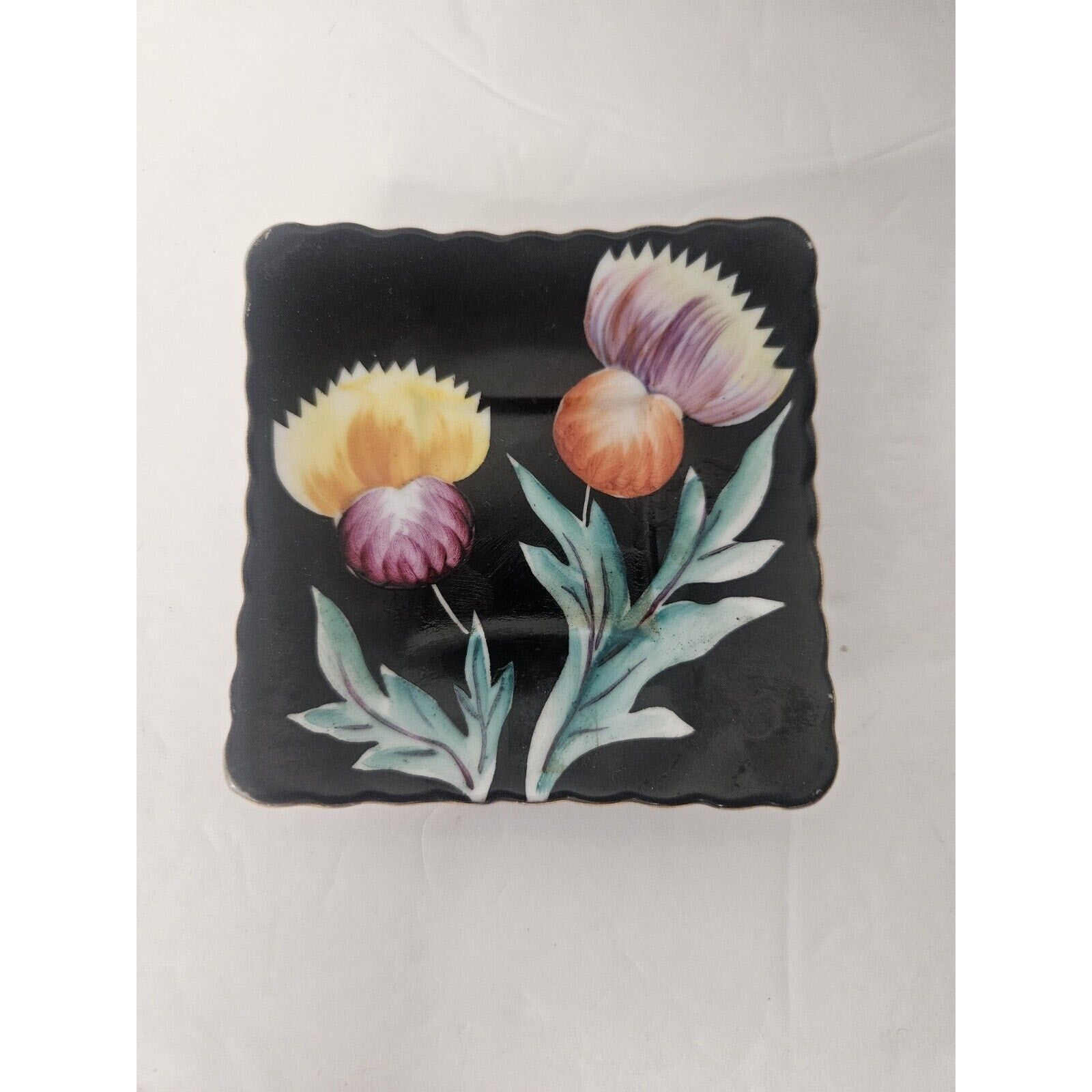 Vintage 3.5” SAJI Porcelain Trinket Dish Plate Occupied Japan Floral Black Pink