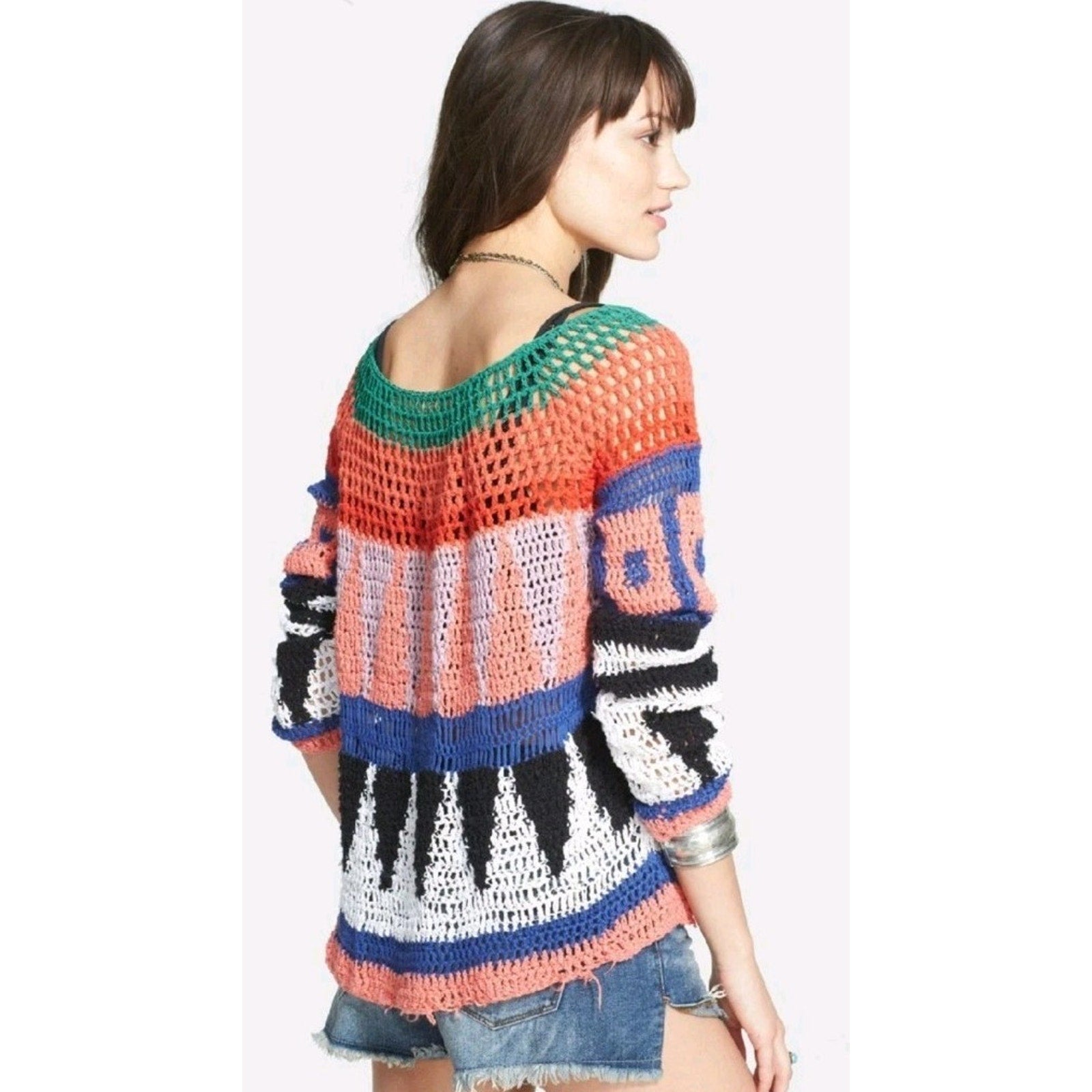 FREE PEOPLE Modern Art Geo Knit Sweater in Multi Combo Open Knit Size Small