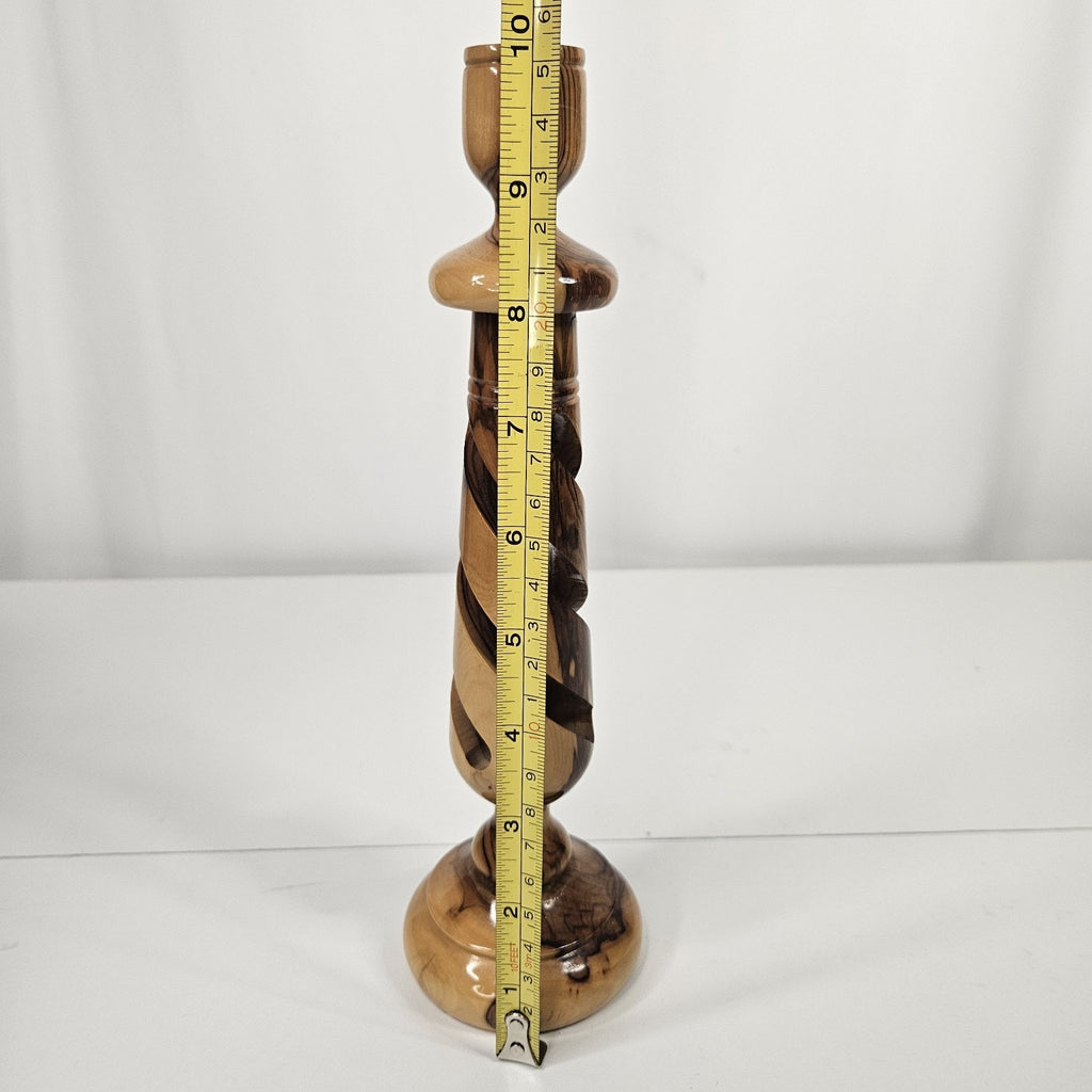Olive Wood 10" Candle Stick Holder Hollow Spiral MCM Rustic Boho