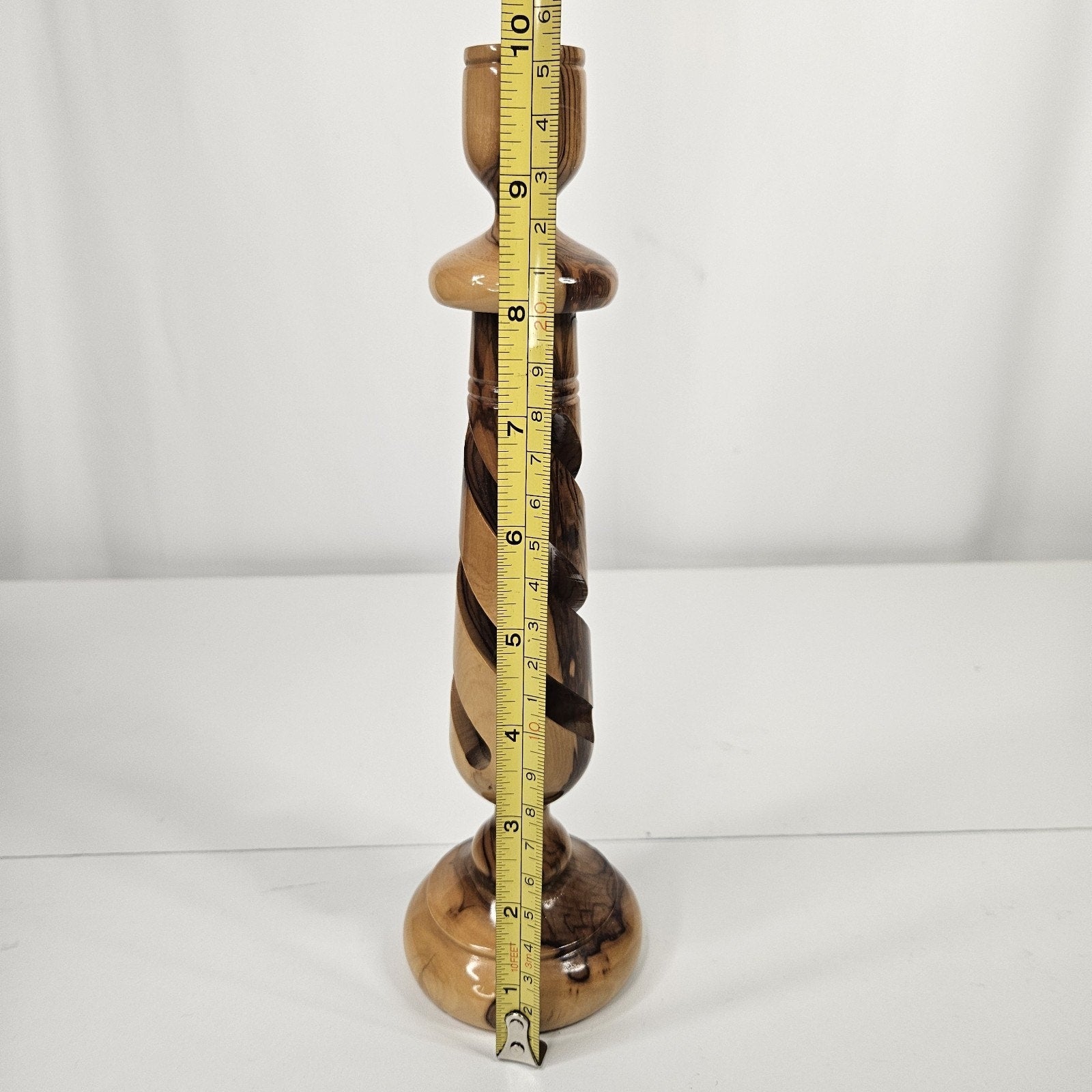 Olive Wood 10" Candle Stick Holder Hollow Spiral MCM Rustic Boho