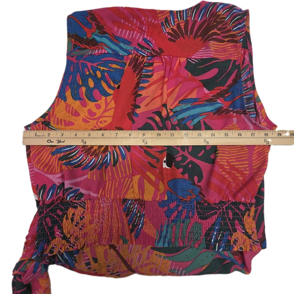 Joie Tropical Print Button and Tie Front Cropped Puff Sleeve Blouse Sz L Resort