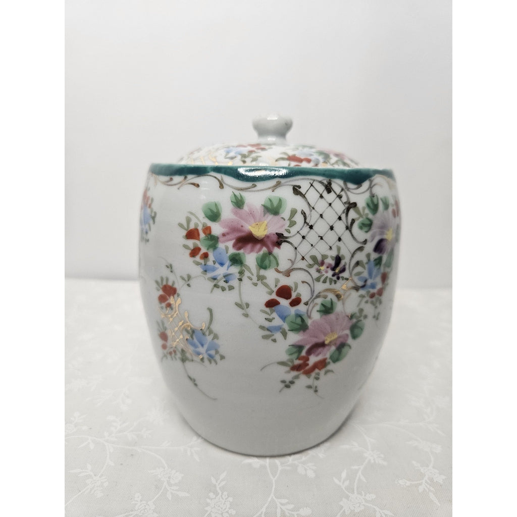 Vintage LJ Japan Ginger Jar Style Vase Art Nouveau Floral Gold Accents 4.5" Tall