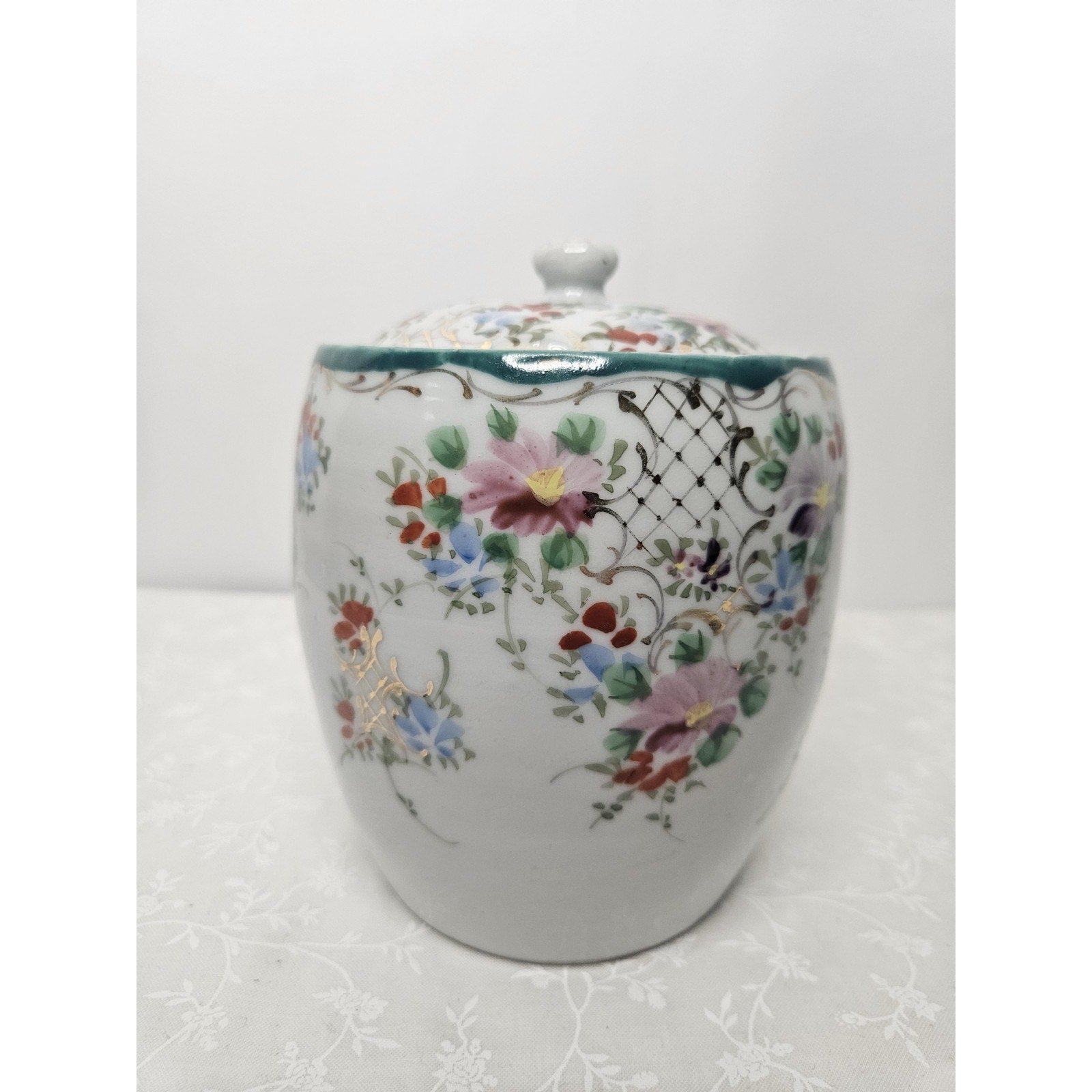 Vintage LJ Japan Ginger Jar Style Vase Art Nouveau Floral Gold Accents 4.5" Tall