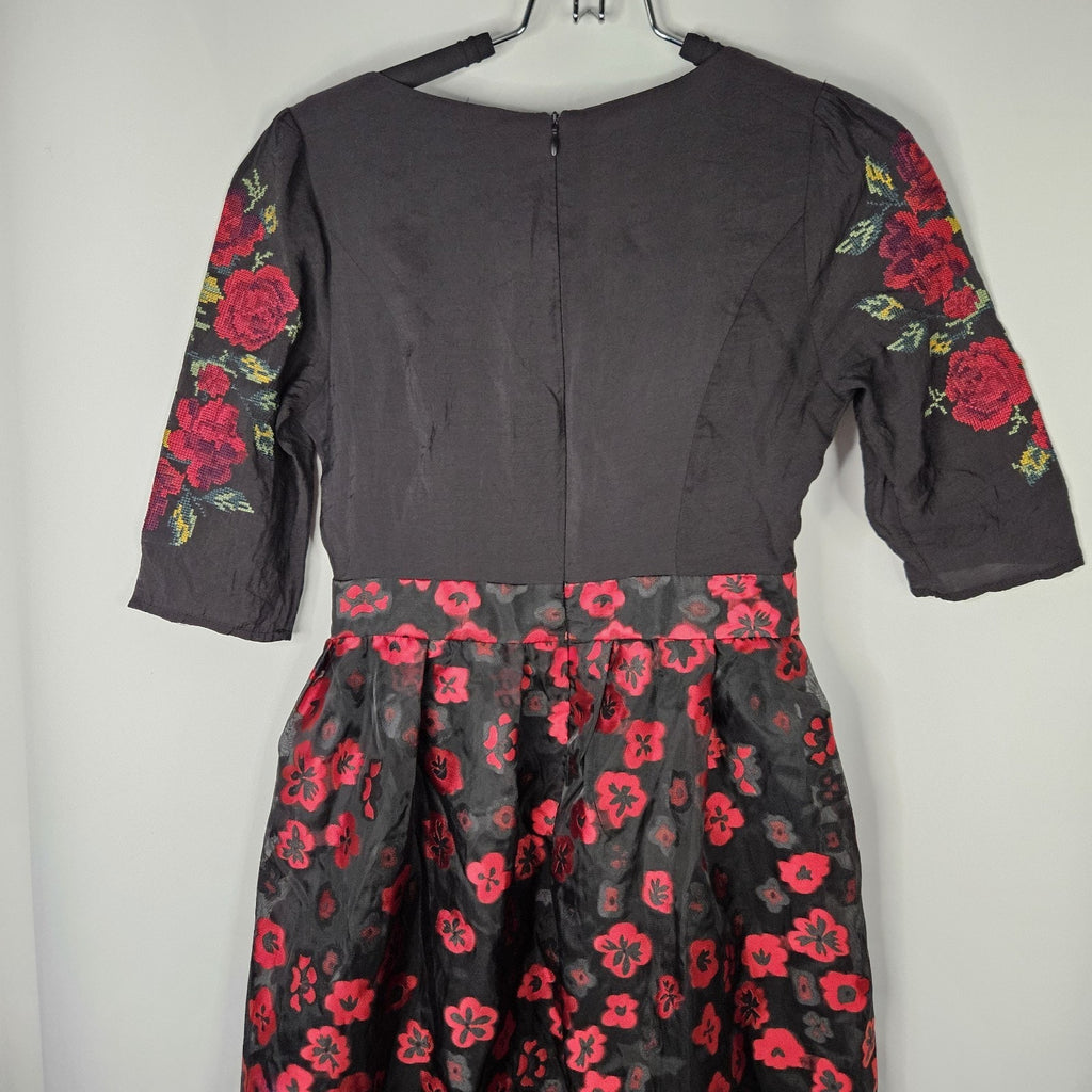 Vtg 90s YUA House Embroidered Mini Dress Black Red Floral Holiday Party Small