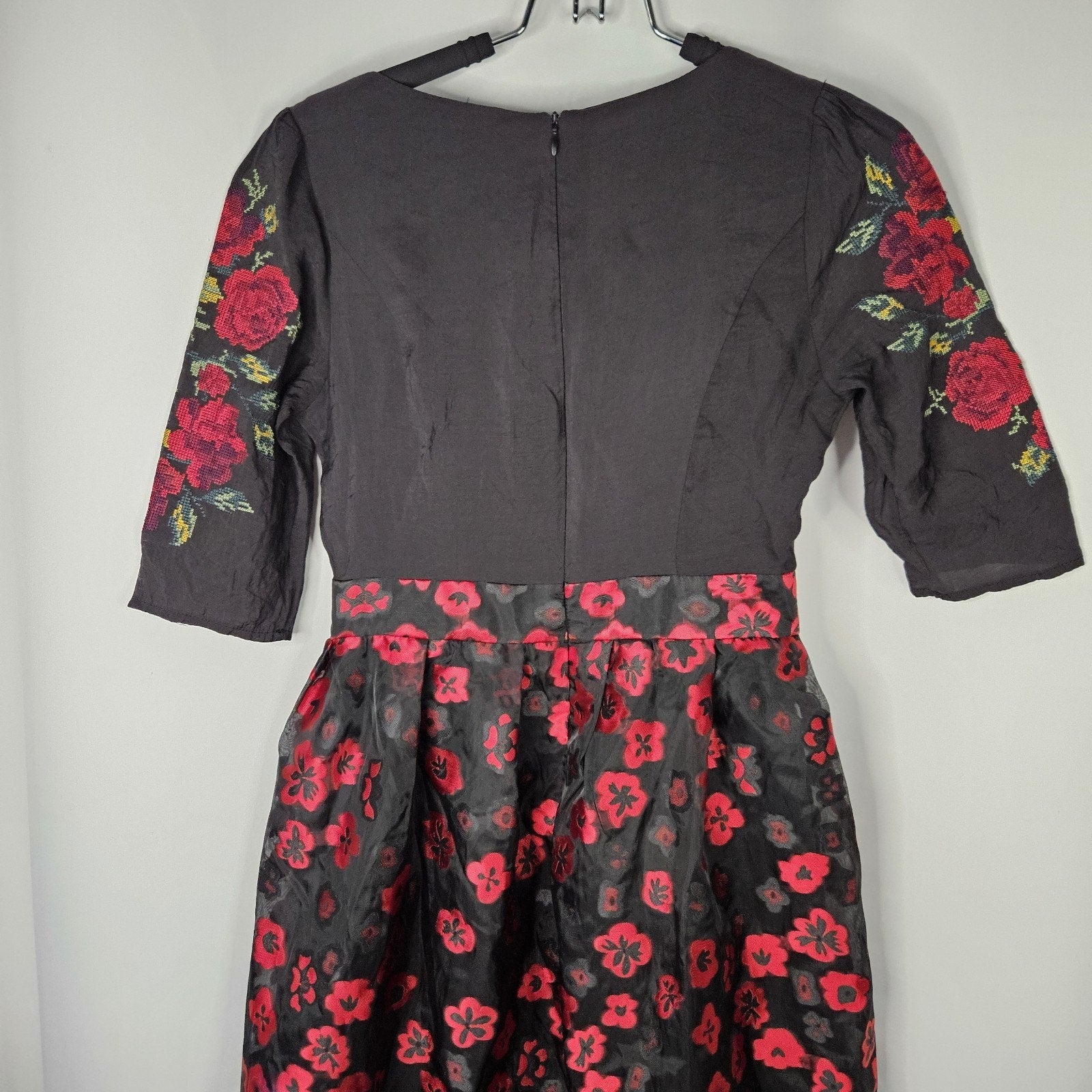 Vtg 90s YUA House Embroidered Mini Dress Black Red Floral Holiday Party Small