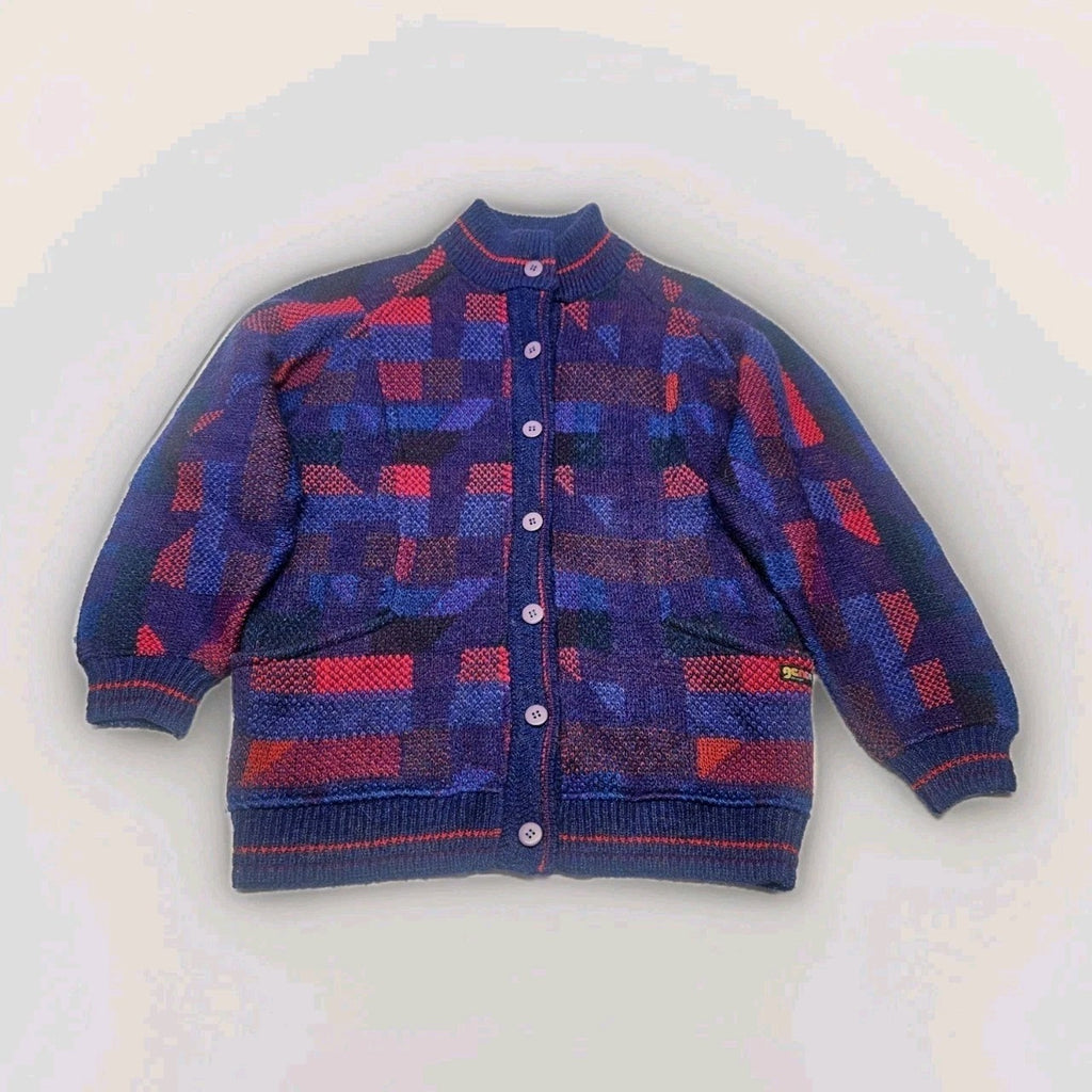 Vtg 80s Womens Crowneck Long Cardigan Sweater Geometric Knit Wool Mohair XL