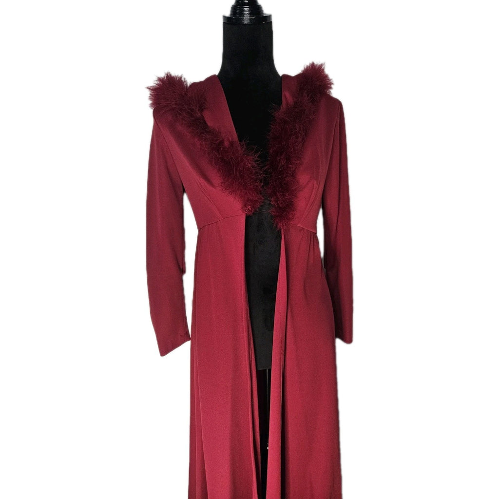 Vintage 70s Maroon Marabou Trim Hooded Robe Maxi Disco Robe Women's Size 5 S/M