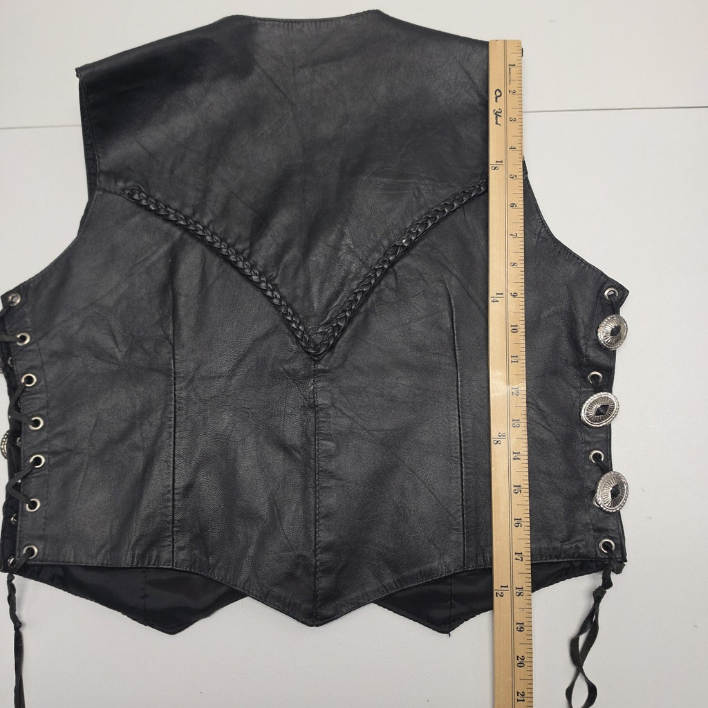 80s 90s Black Leather Snap Button Concho Vest Biker Western Motorcycle Large Vtg