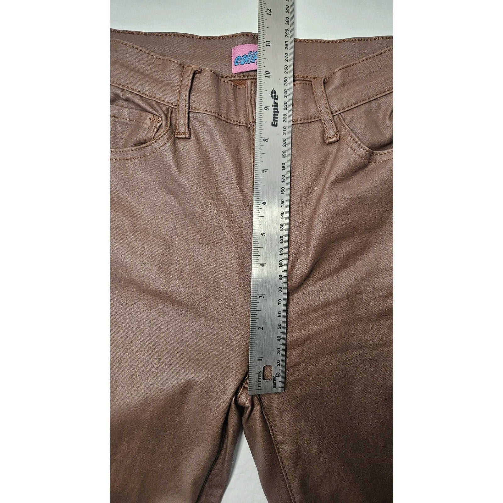 Edikted Women's Brown Shiny Denim Pant Flared Jeans High Rise Small Y2K Stretch