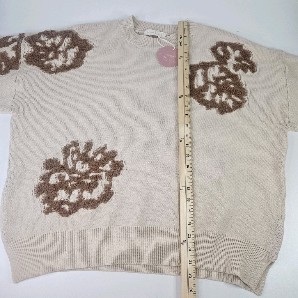 NWT Intarsia Floral Knitted Oversized Sweater Large Cream Brown Flowers