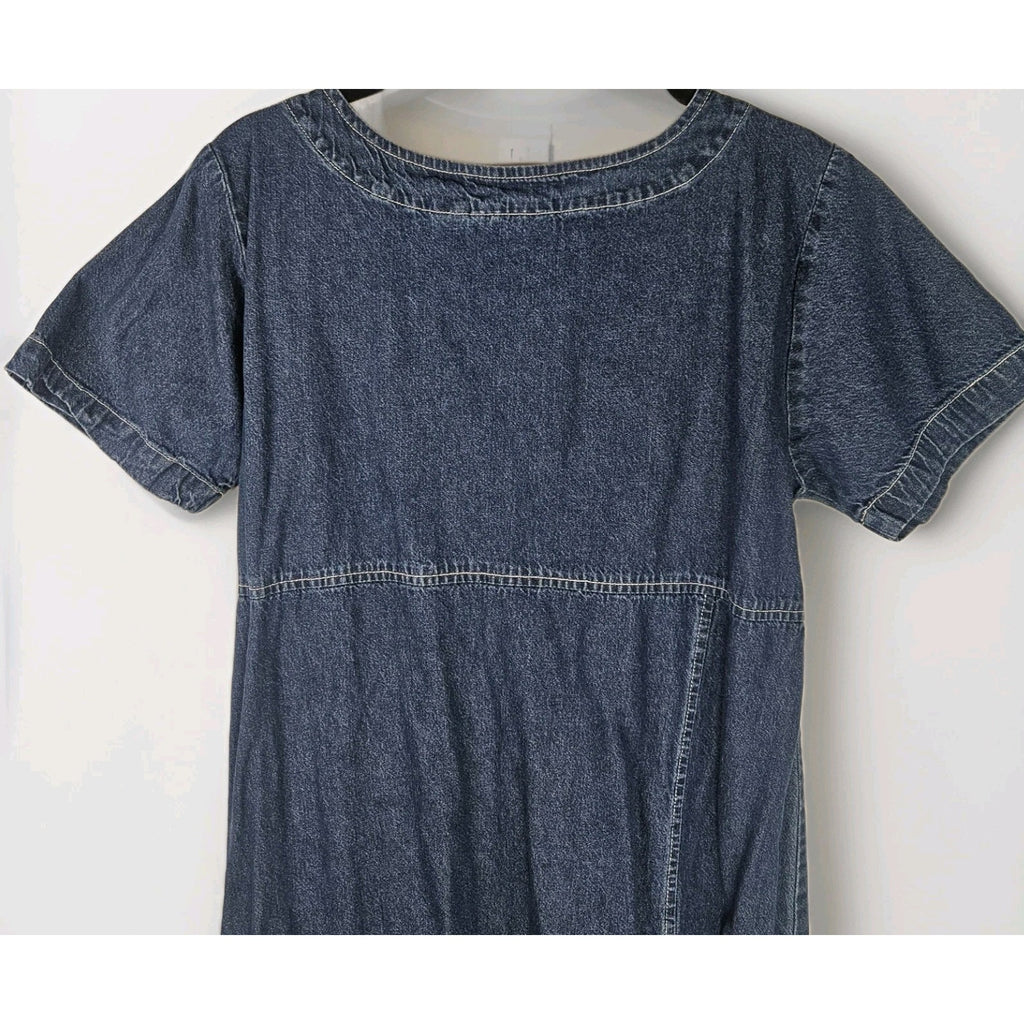 90s Denim Dress Embroidered Ladybugs Medium Short-Sleeved Maxi Cottage Artsy