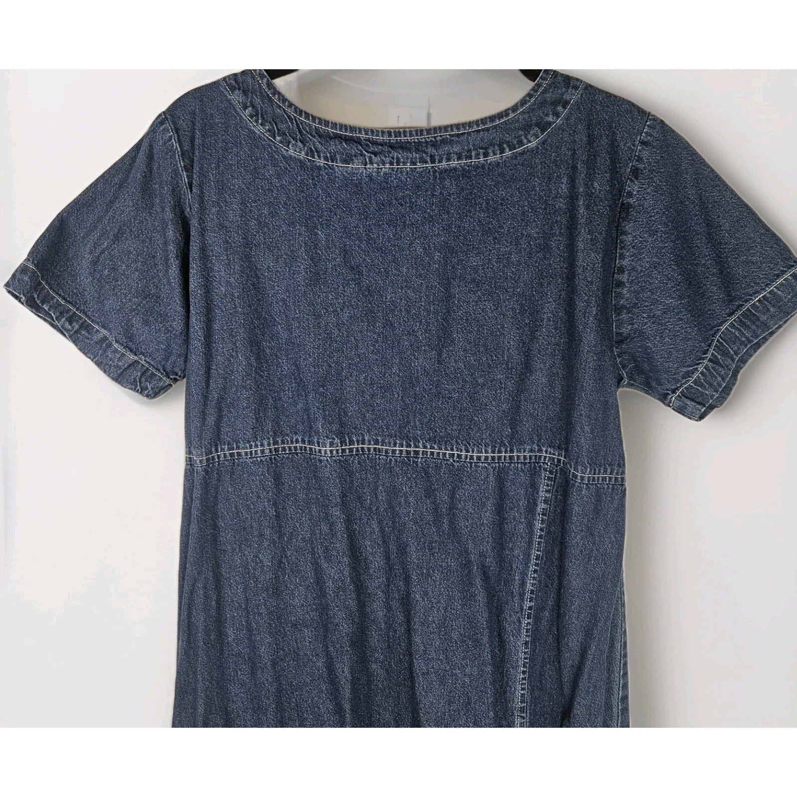 90s Denim Dress Embroidered Ladybugs Medium Short-Sleeved Maxi Cottage Artsy