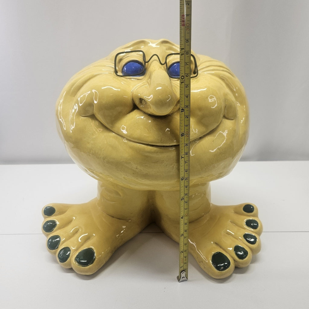 Vintage Handmade Funny Face Troll Ceramic Planter Yellow Garden Gnome Yard Art