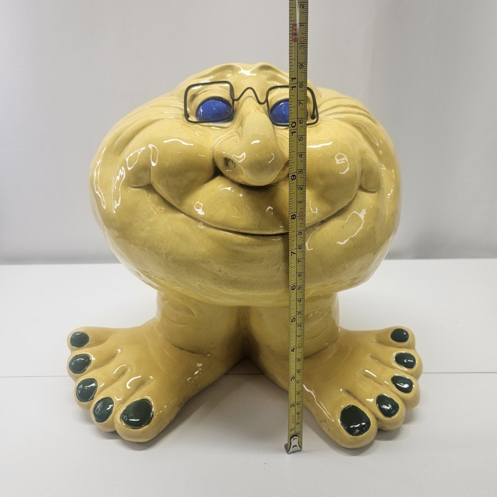 Vintage Handmade Funny Face Troll Ceramic Planter Yellow Garden Gnome Yard Art