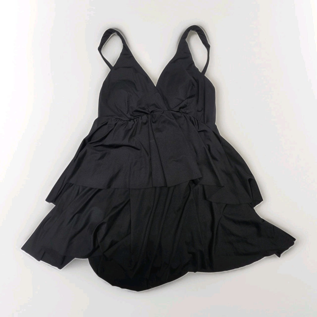 Vtg Miraclesuit One Piece Swimsuit Black Tiered Ruffle Swimdress Large Beach